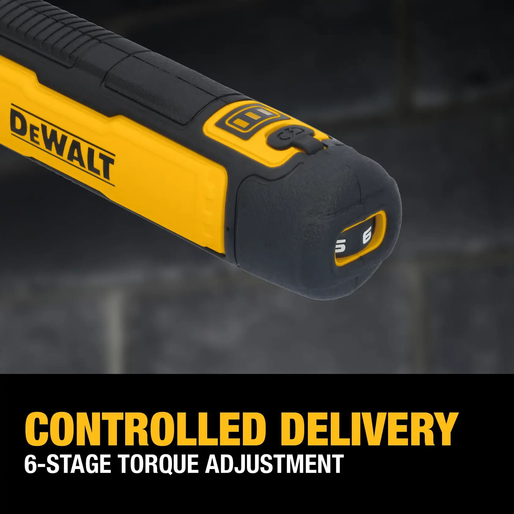 Close-up of a DEWALT tool handle featuring a 6-stage torque adjustment setting. The product is shown on a dark background with text that reads 'CONTROLLED DELIVERY 6-STAGE TORQUE ADJUSTMENT.'