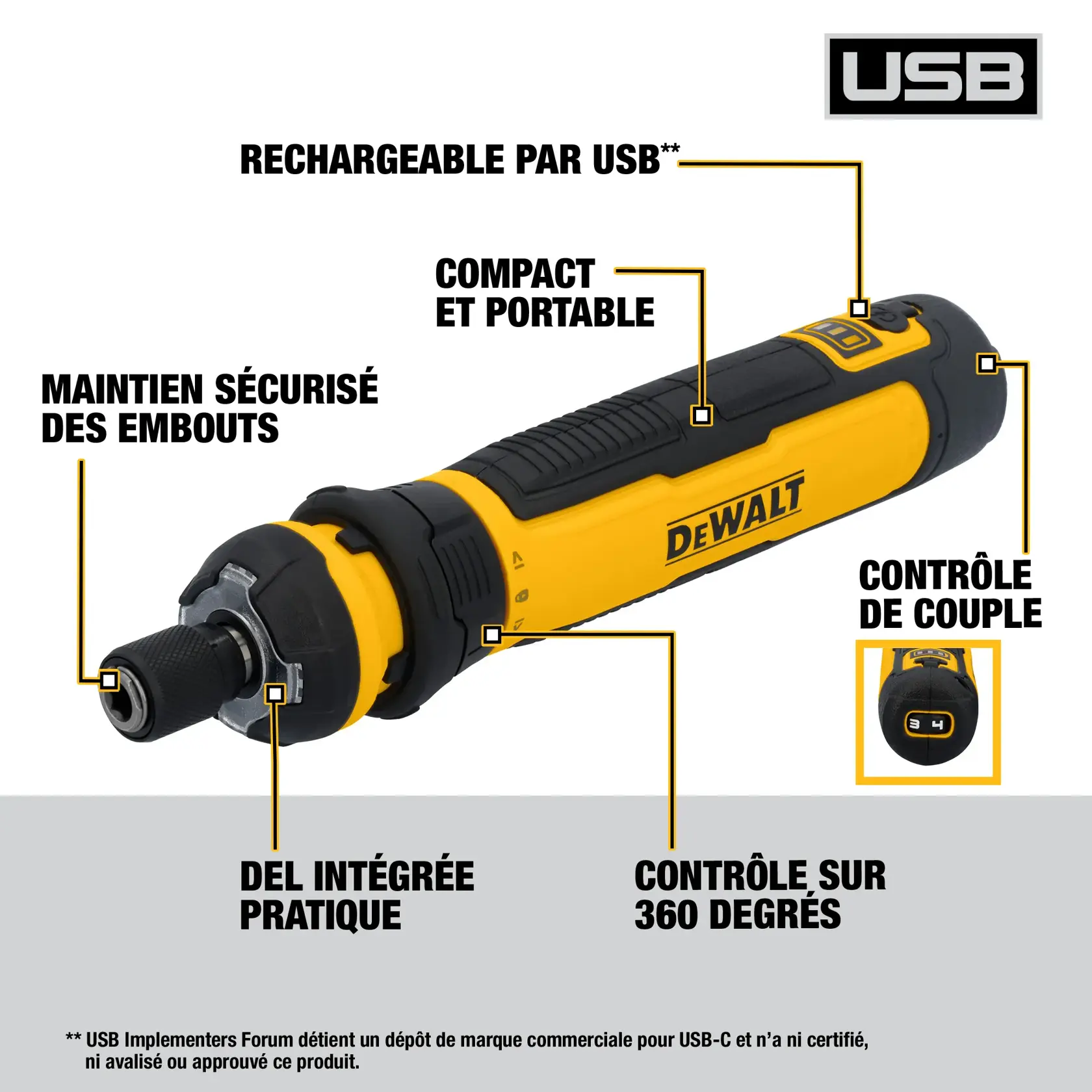 Image showing a yellow and black DEWALT USB-rechargeable tool, highlighting features such as secure bit retention, compact portability, controlled delivery, convenient onboard LED, and 360-degree control. There is a USB logo and explanatory text at the bottom about USB compatibility.