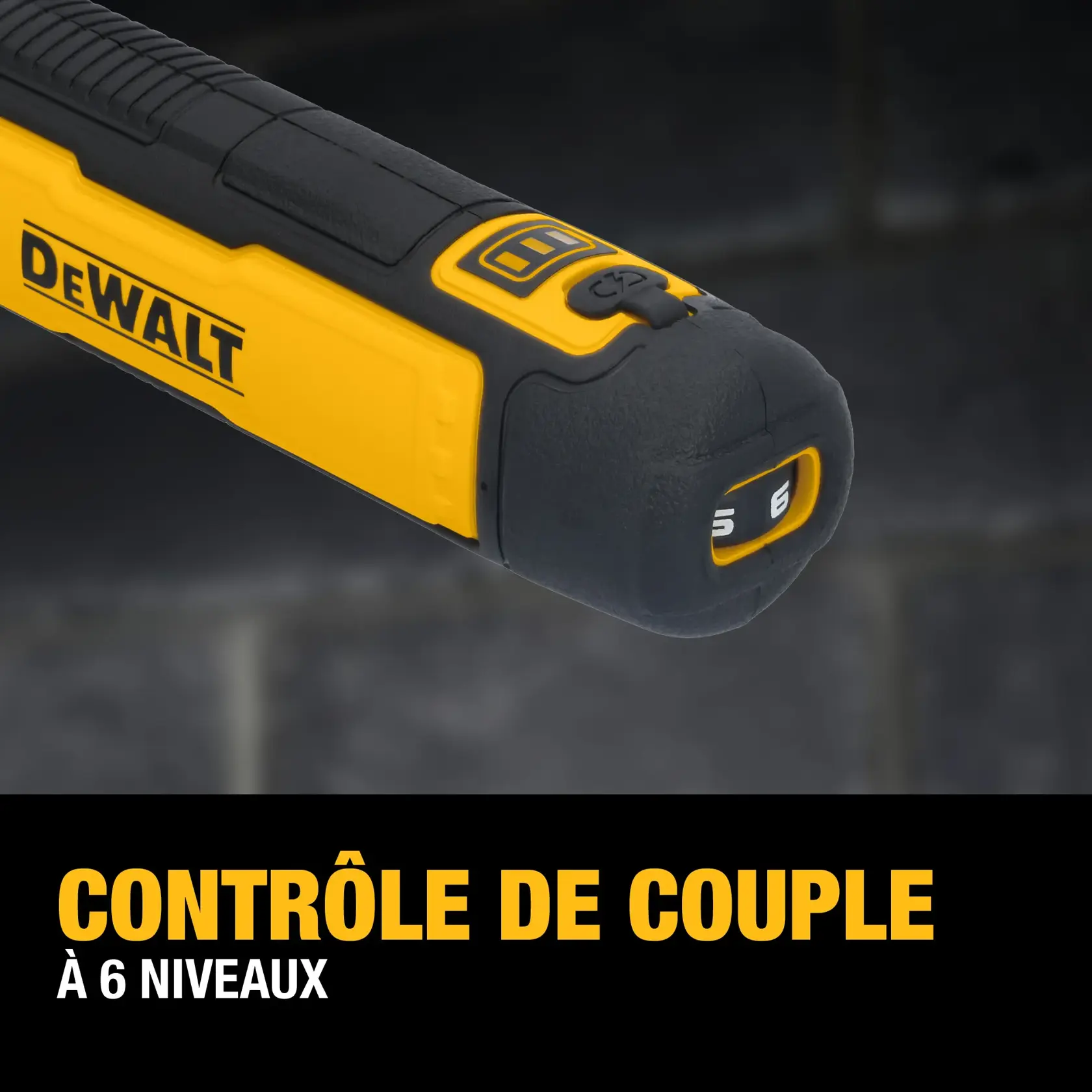 Close-up of a DEWALT tool handle featuring a 6-stage torque adjustment setting. The product is shown on a dark background with text that reads 'CONTROLLED DELIVERY 6-STAGE TORQUE ADJUSTMENT.'