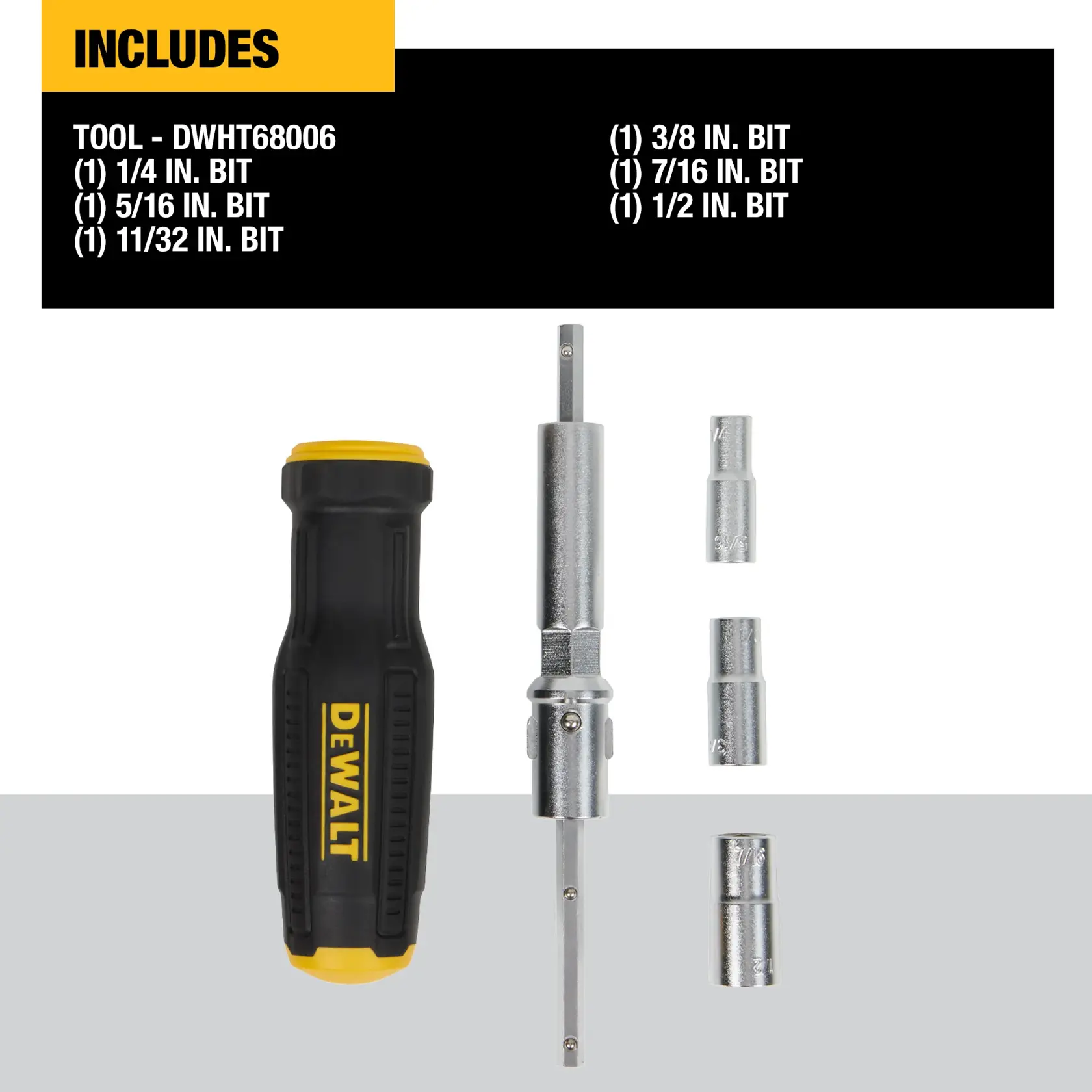 DEWALT DWHT68006 tool set displayed with a black and yellow handle, a metal interchangeable shaft, and seven socket bits of varying sizes. The set includes bits in 1/4, 5/16, 11/32, 3/8, 7/16, 1/2, and 1/4 inch sizes, as listed in the information above the tools.