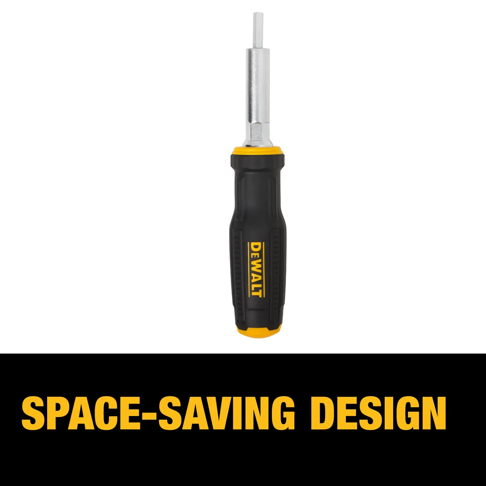 A DEWALT screwdriver with a black and yellow handle, shown against a white background. Below the tool, bold yellow text reads 'SPACE-SAVING DESIGN' on a black strip.