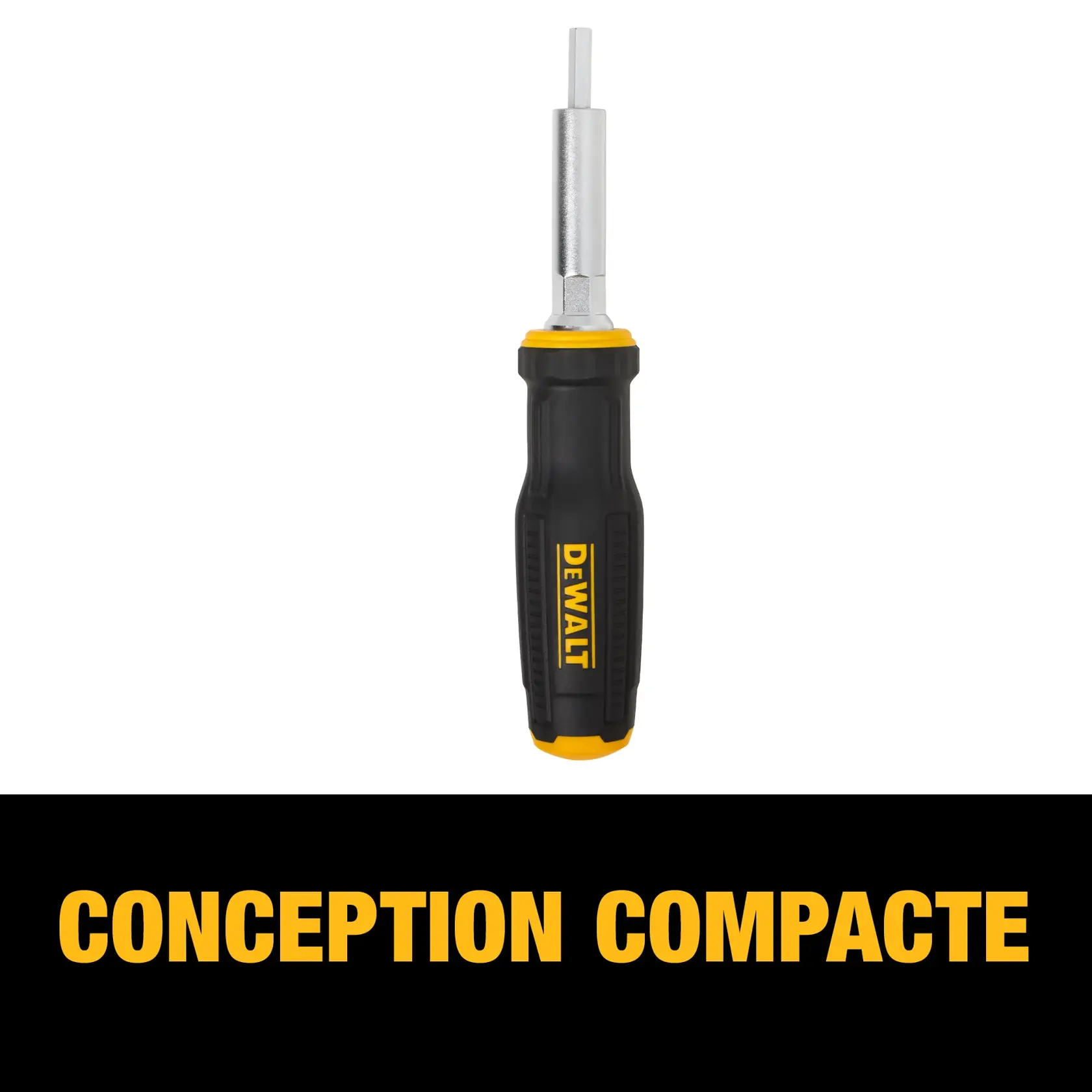 A DEWALT screwdriver with a black and yellow handle, shown against a white background. Below the tool, bold yellow text reads 'SPACE-SAVING DESIGN' on a black strip.