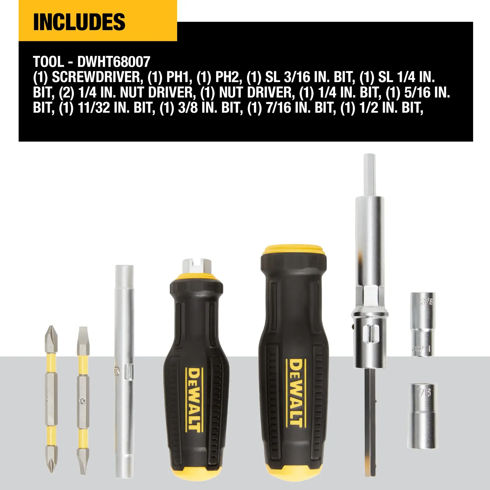 A DEWALT DWHT68007 tool set is shown, including two screwdrivers with black and yellow handles, several metal bits and nut drivers of different sizes displayed in front of the tools. The packaging lists the contents, such as PH1, PH2, SL, and various nut driver and bit sizes.