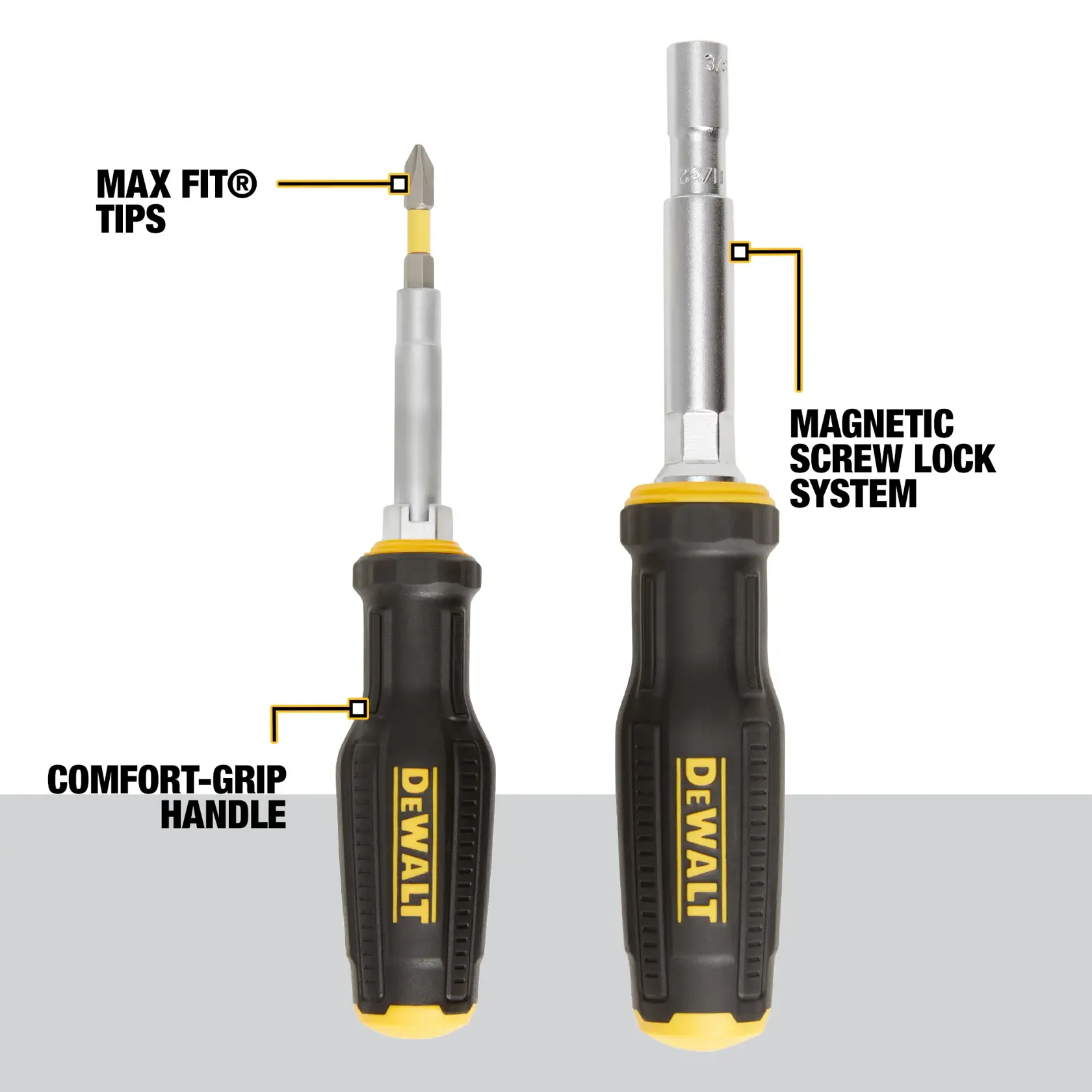 Two DEWALT screwdrivers are shown standing upright. The left one features a MAX FIT tip, and both have comfort-grip handles with the DEWALT logo in yellow. The right screwdriver highlights a magnetic screw lock system. The background is light gray, and specific features are labeled with yellow lines.