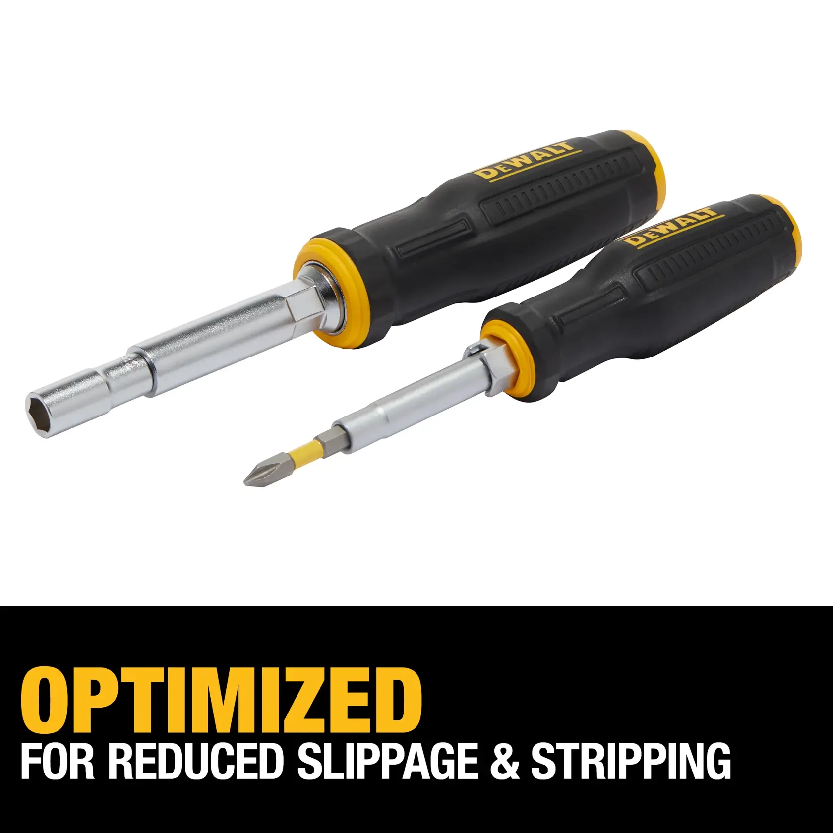 Two DEWALT screwdrivers with black and yellow handles are shown. The screwdrivers feature optimized tips for reduced slippage and stripping, as highlighted in the text at the bottom of the image.