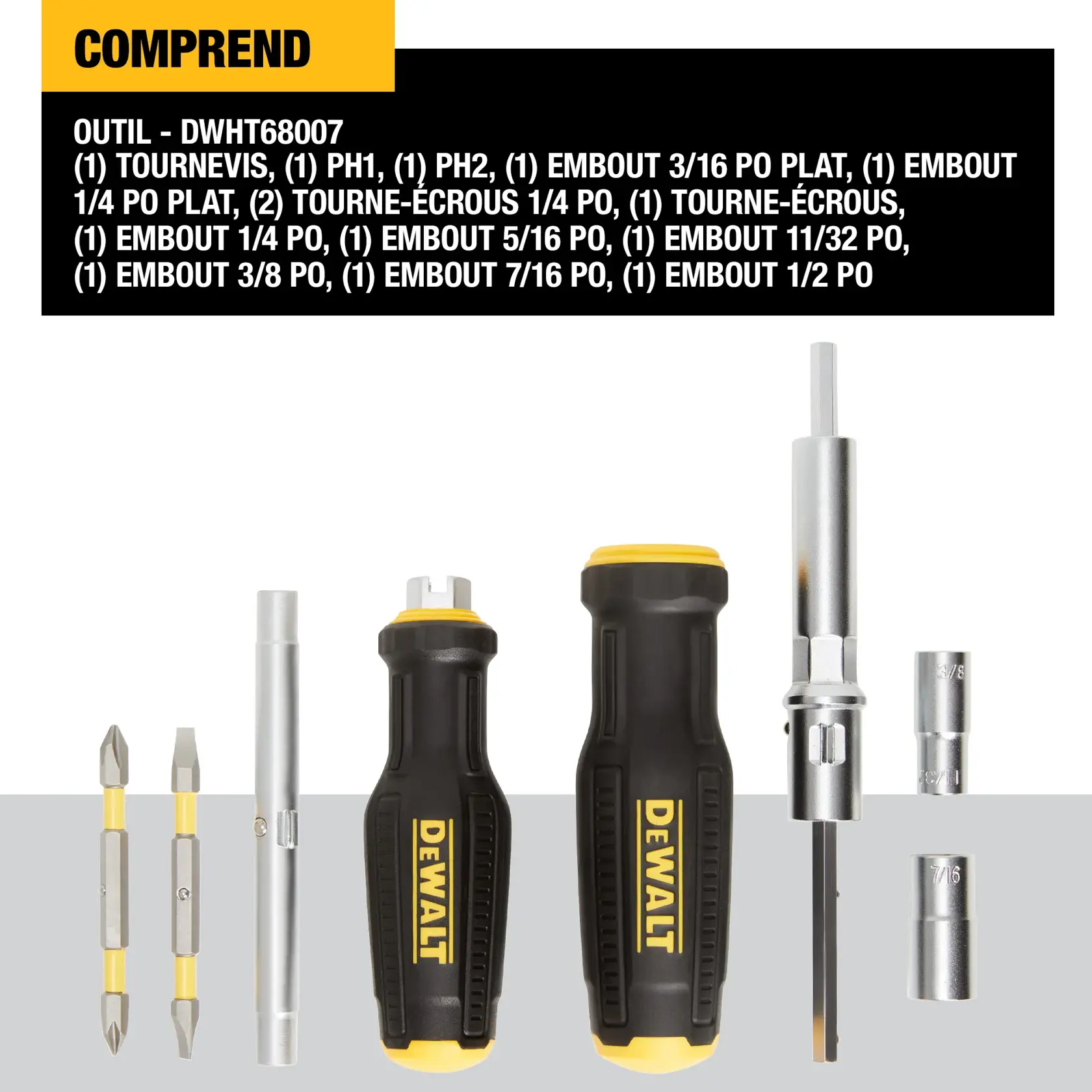 A DEWALT DWHT68007 tool set is shown, including two screwdrivers with black and yellow handles, several metal bits and nut drivers of different sizes displayed in front of the tools. The packaging lists the contents, such as PH1, PH2, SL, and various nut driver and bit sizes.