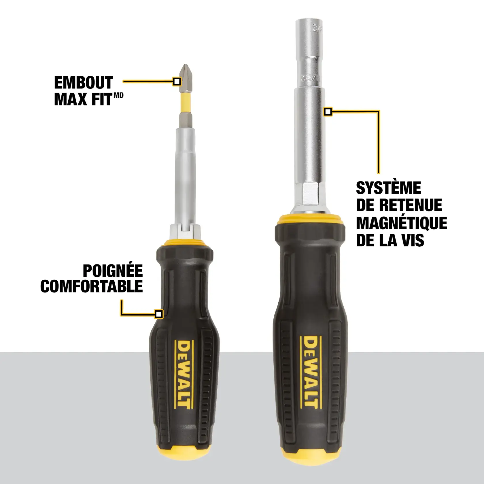 Two DEWALT screwdrivers are shown standing upright. The left one features a MAX FIT tip, and both have comfort-grip handles with the DEWALT logo in yellow. The right screwdriver highlights a magnetic screw lock system. The background is light gray, and specific features are labeled with yellow lines.