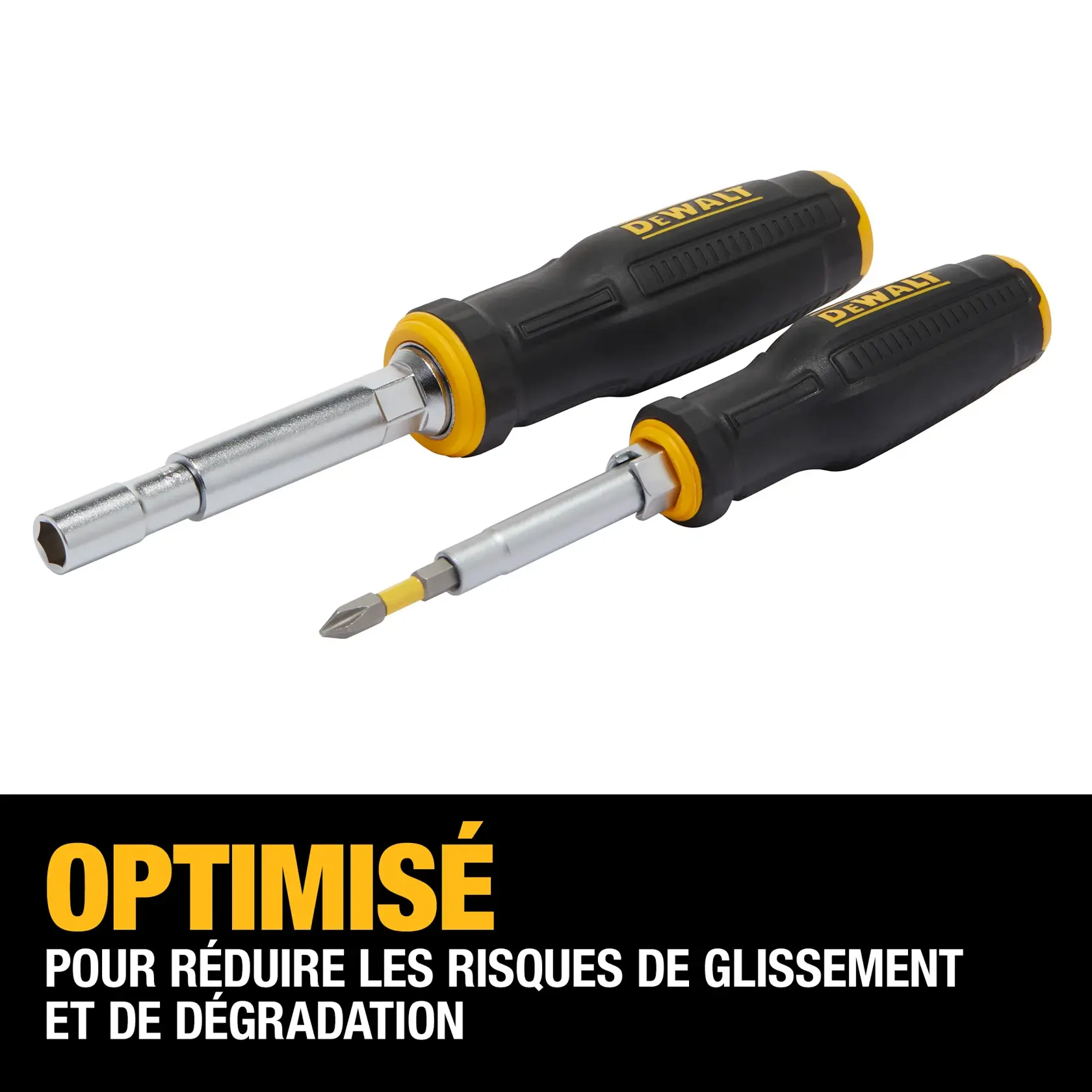 Two DEWALT screwdrivers with black and yellow handles are shown. The screwdrivers feature optimized tips for reduced slippage and stripping, as highlighted in the text at the bottom of the image.