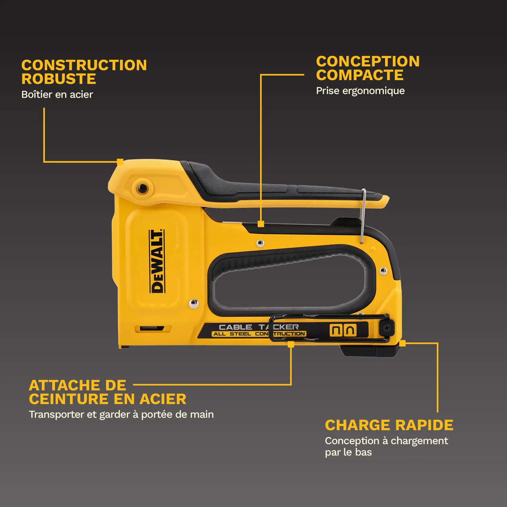 Image of a yellow DEWALT cable tacker (model DWHT70100) with steel construction. Key product features highlighted include durable steel housing, a compact ergonomically designed grip, a steel belt clip for easy transport, and a fast bottom-loading reload design. Text explains each feature around the stapler.