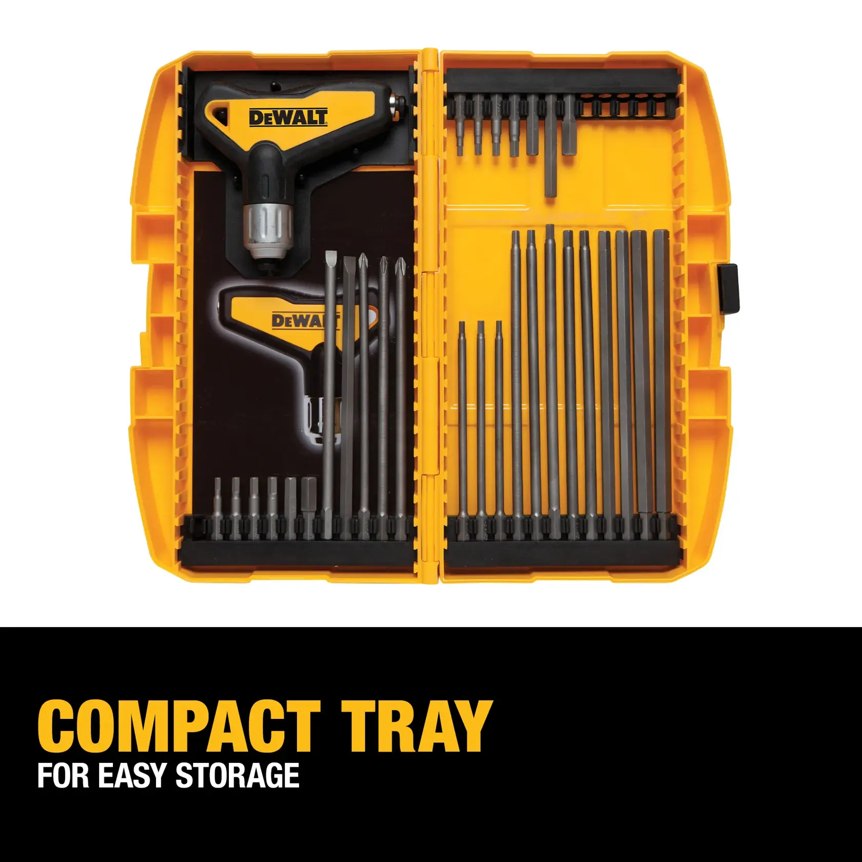 A yellow DEWALT compact tray contains screwdrivers and bits, neatly organized for easy storage. The tray is shown open with the tools arranged inside.