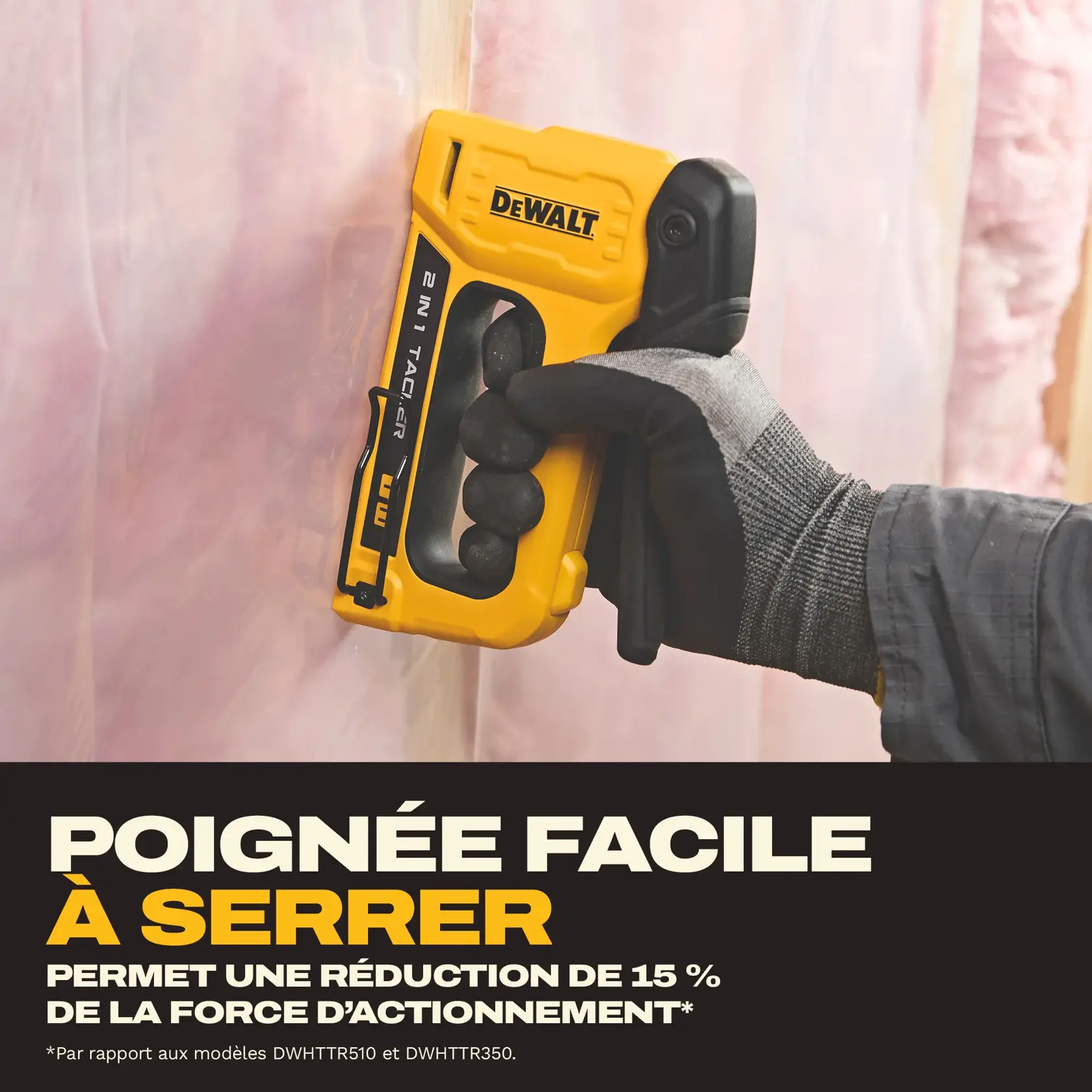 A DEWALT 2-in-1 tacker tool with yellow and black design is held by a gloved hand against an insulation surface. The text on the image highlights the easy squeeze handle, stating it provides a 15% reduction in actuation force compared to DWHTTR510 and DWHTTR350 models.