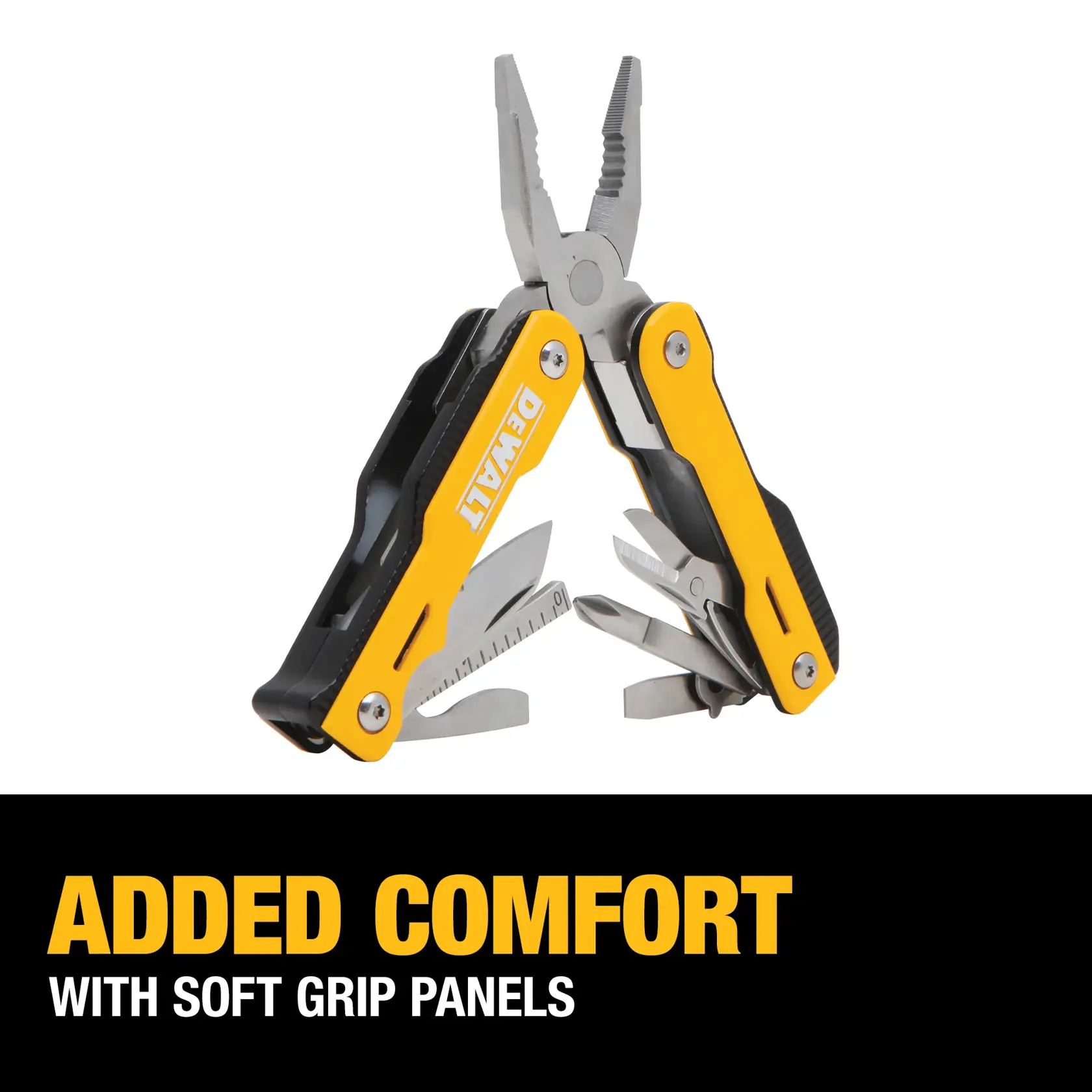 A DEWALT multi-tool with yellow and black handles, open to show various tool components including pliers, screwdrivers, a ruler, and other attachments. Text at the bottom reads 'Added Comfort with Soft Grip Panels.'