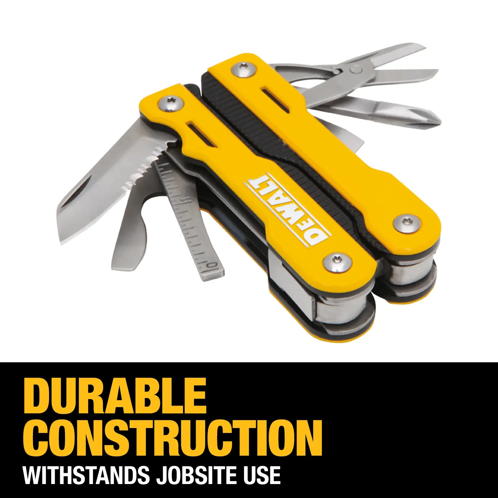 A DEWALT multi-tool with yellow and black handles is shown with several tools extended, including scissors, a knife, a ruler, and a screwdriver. Text below reads 'Durable Construction. Withstands Jobsite Use.'