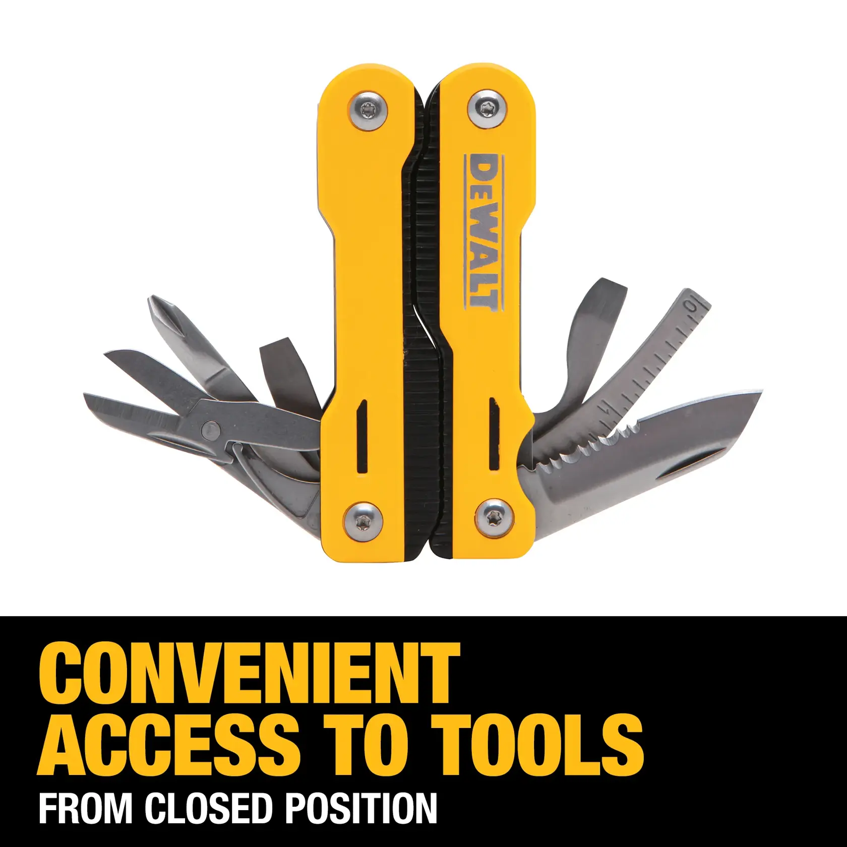 A DEWALT yellow multi-tool with several foldable stainless steel tools extended, including scissors, blade, ruler, and other implements. Text below reads: 'CONVENIENT ACCESS TO TOOLS FROM CLOSED POSITION.'