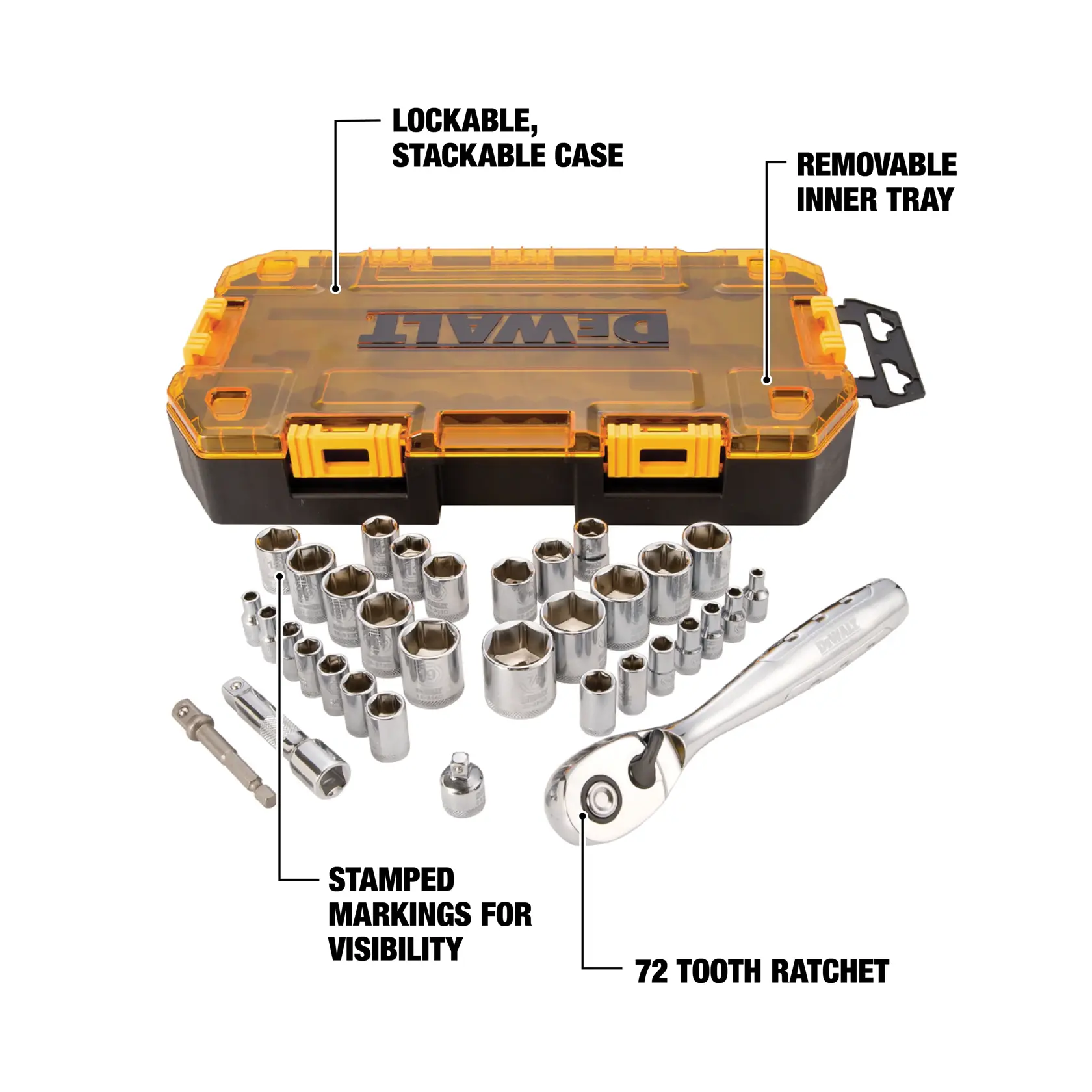 DEWALT socket and ratchet set with multiple chrome sockets, a 72 tooth ratchet, and accessories displayed in front of a lockable, stackable yellow and black case with a removable inner tray. Stamped markings on sockets for visibility.