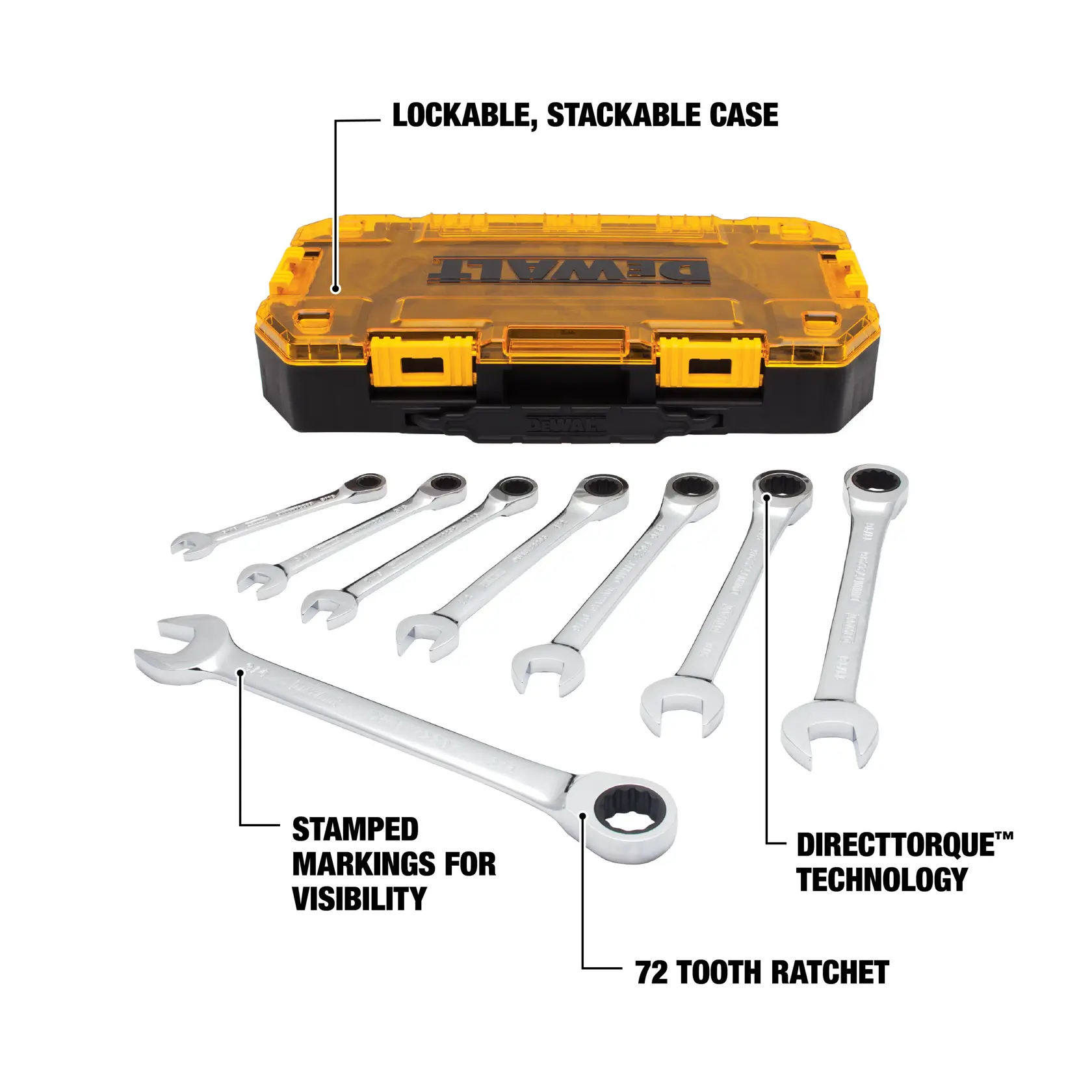 A DEWALT branded lockable, stackable yellow and black case displayed behind a set of seven combination ratcheting wrenches of varying sizes. Features highlighted include stamped markings for visibility on the wrenches, a 72-tooth ratchet, and DirectTorque technology.