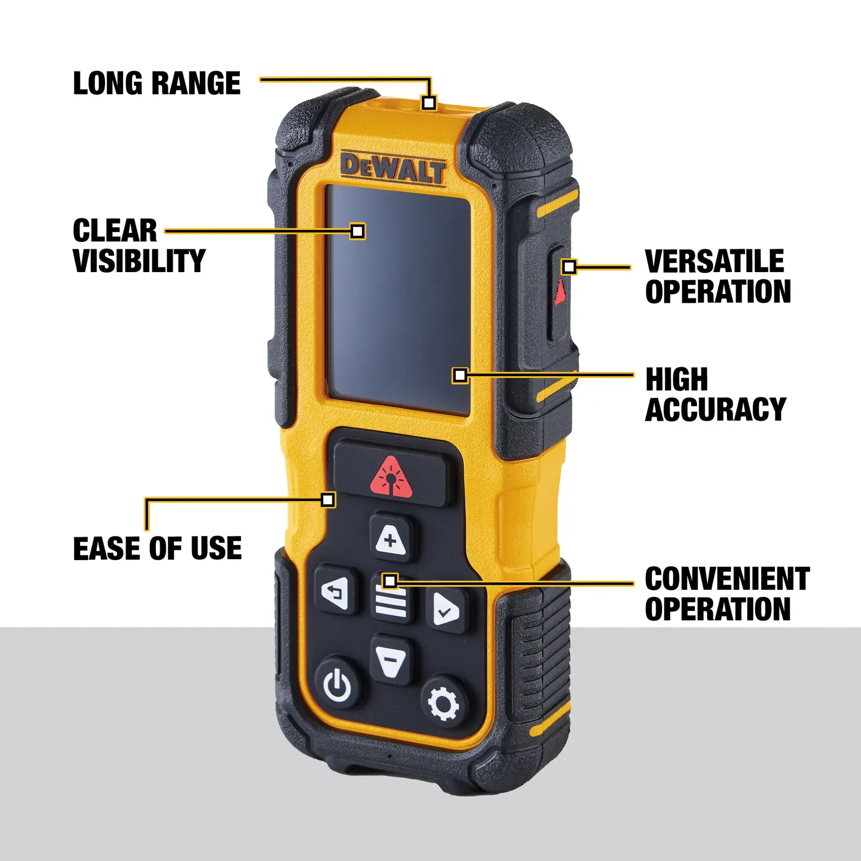 DEWALT DWHT77200 handheld electronic measuring tool shown upright, with labels highlighting features including long range, clear visibility, ease of use, versatile operation, high accuracy, and convenient operation. The device has a screen and several control buttons.