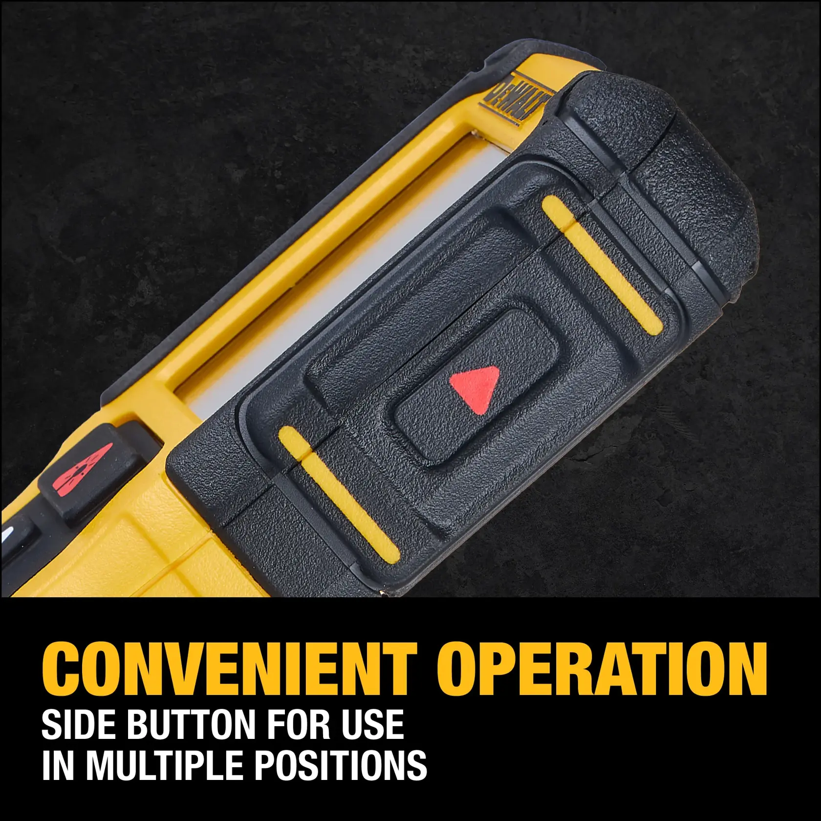 Close-up image of a DEWALT tool handle, highlighting a side button for convenient operation. The text overlay reads: 'CONVENIENT OPERATION. Side button for use in multiple positions.' The tool is mostly black and yellow with a red triangle button.