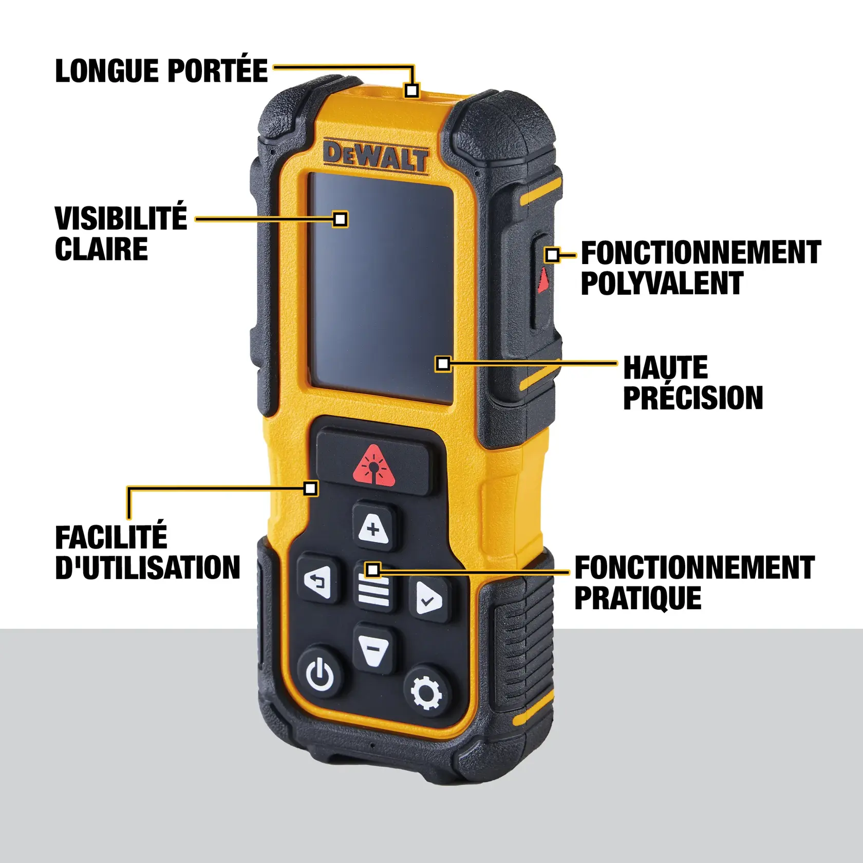 DEWALT DWHT77200 handheld electronic measuring tool shown upright, with labels highlighting features including long range, clear visibility, ease of use, versatile operation, high accuracy, and convenient operation. The device has a screen and several control buttons.