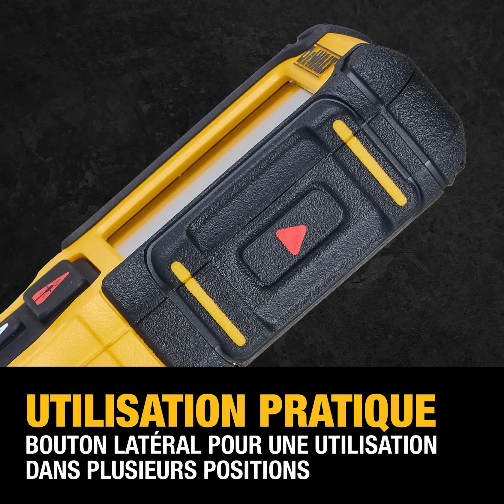 Close-up image of a DEWALT tool handle, highlighting a side button for convenient operation. The text overlay reads: 'CONVENIENT OPERATION. Side button for use in multiple positions.' The tool is mostly black and yellow with a red triangle button.