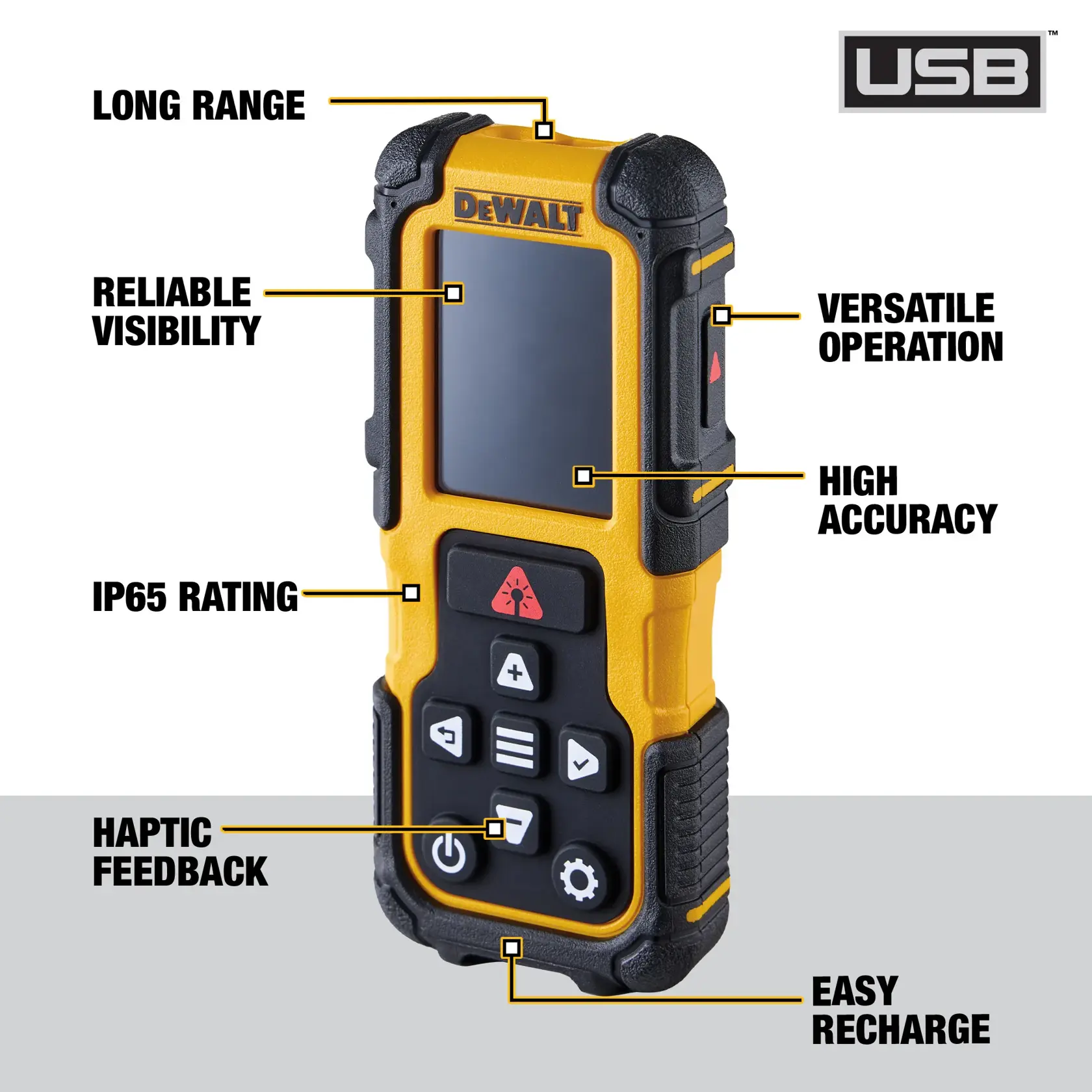 DEWALT DWHT78200 laser measurer with display, USB recharge, IP65 rating, versatile controls, and multiple features labeled.