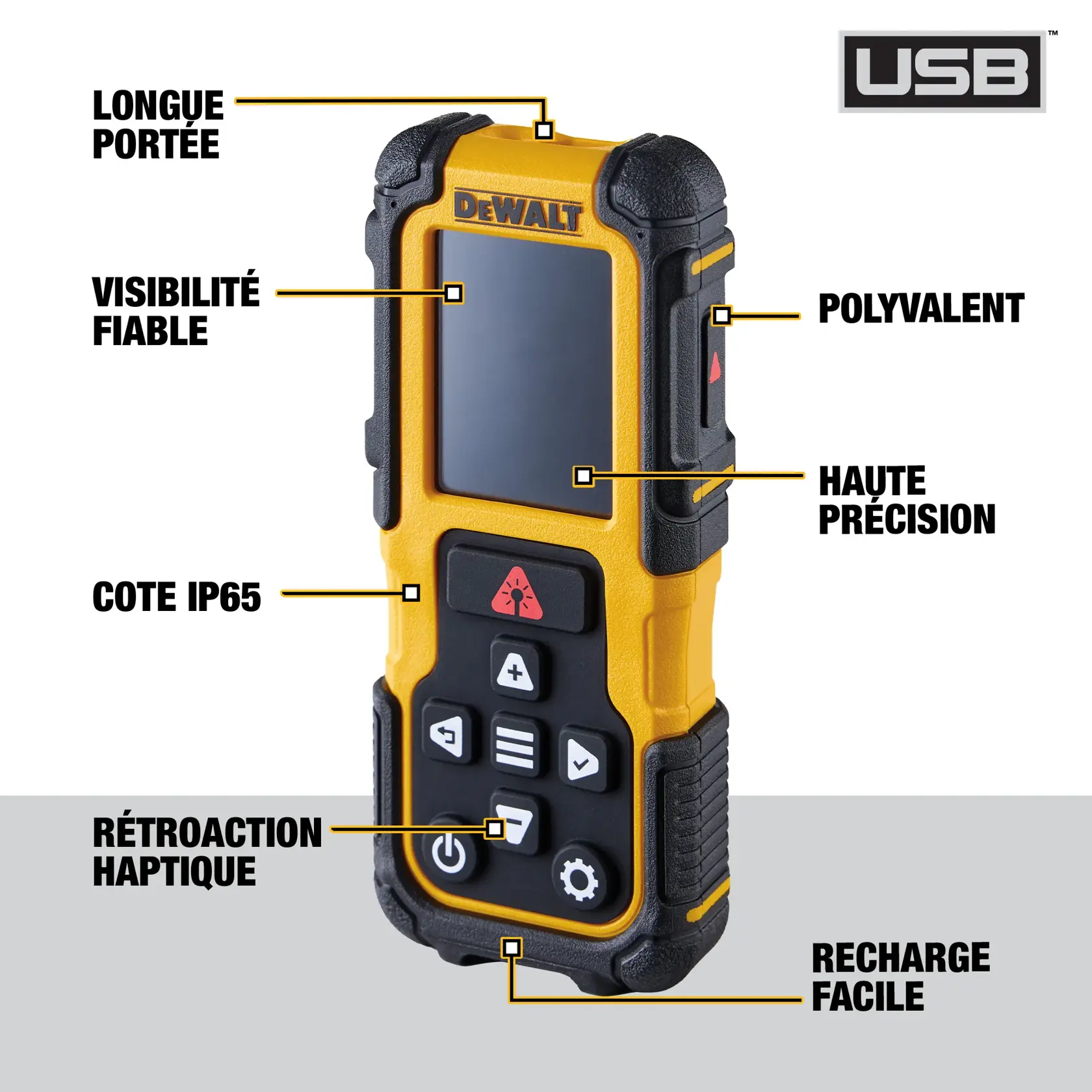 DEWALT DWHT78200 laser measurer with display, USB recharge, IP65 rating, versatile controls, and multiple features labeled.