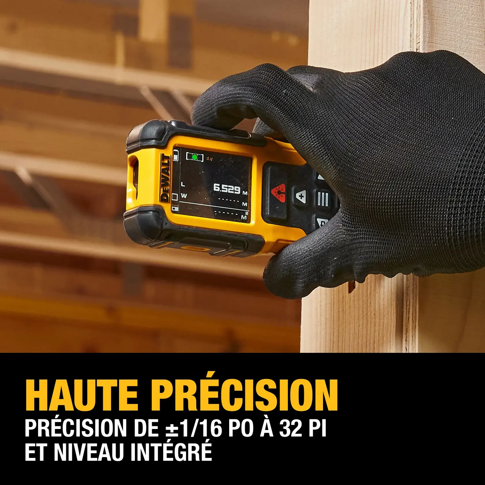 A person wearing black gloves is holding a DEWALT laser distance measurer (model DWHT78200) against a wooden post in a construction setting. The display shows a measurement and indicates a built-in level. Text on the image highlights: 'High Accuracy: ±1/16 in. accuracy at 32 ft. and built in level.'