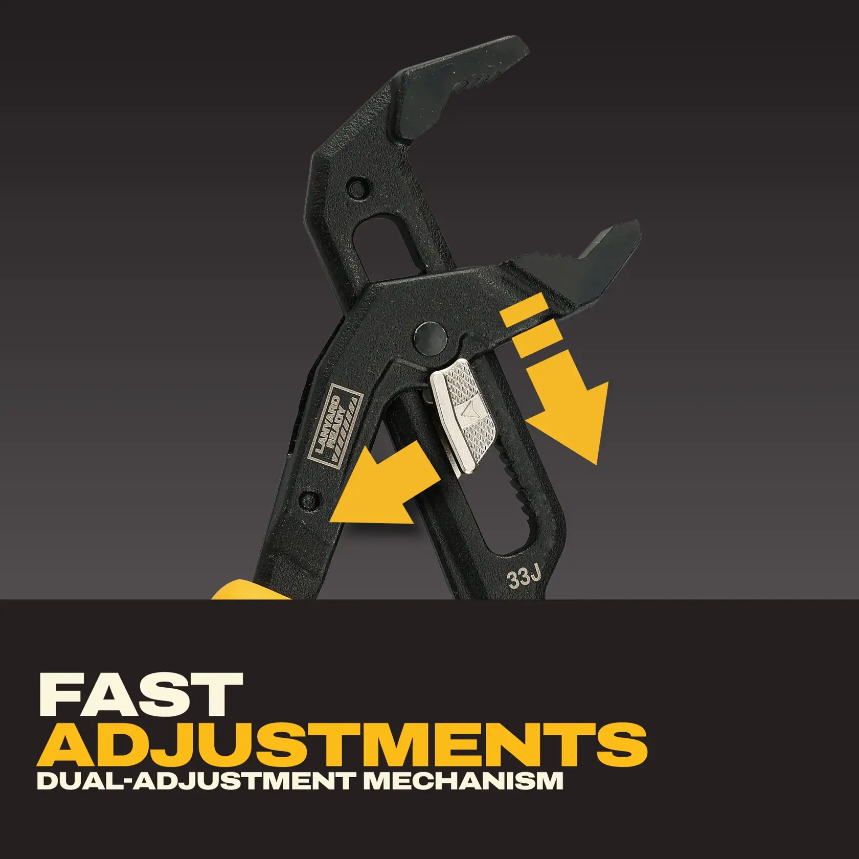 Close-up image of a DEWALT adjustable tool with yellow arrows highlighting its dual-adjustment mechanism feature. Text on the image reads: 'FAST ADJUSTMENTS DUAL-ADJUSTMENT MECHANISM.'