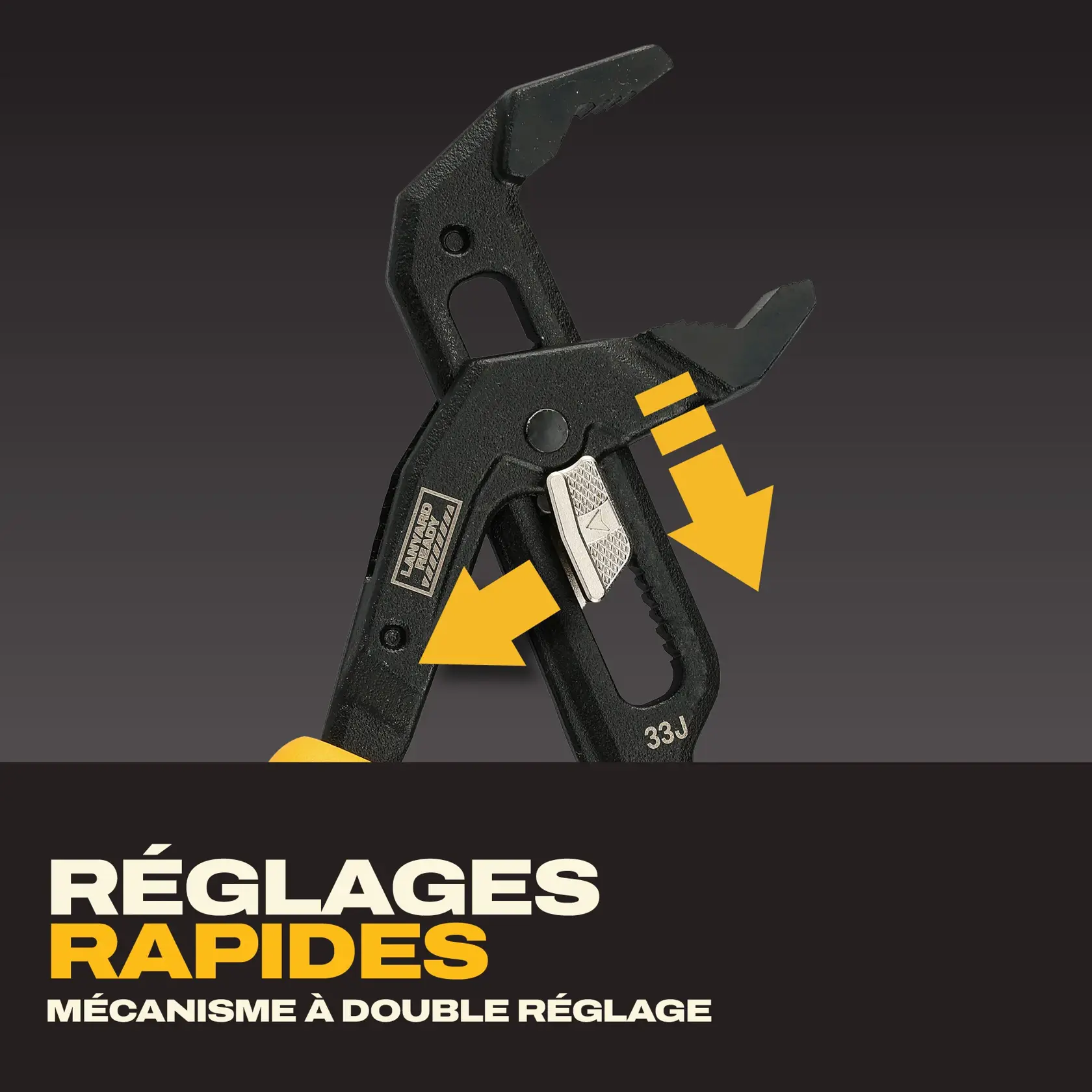 Close-up image of a DEWALT adjustable tool with yellow arrows highlighting its dual-adjustment mechanism feature. Text on the image reads: 'FAST ADJUSTMENTS DUAL-ADJUSTMENT MECHANISM.'