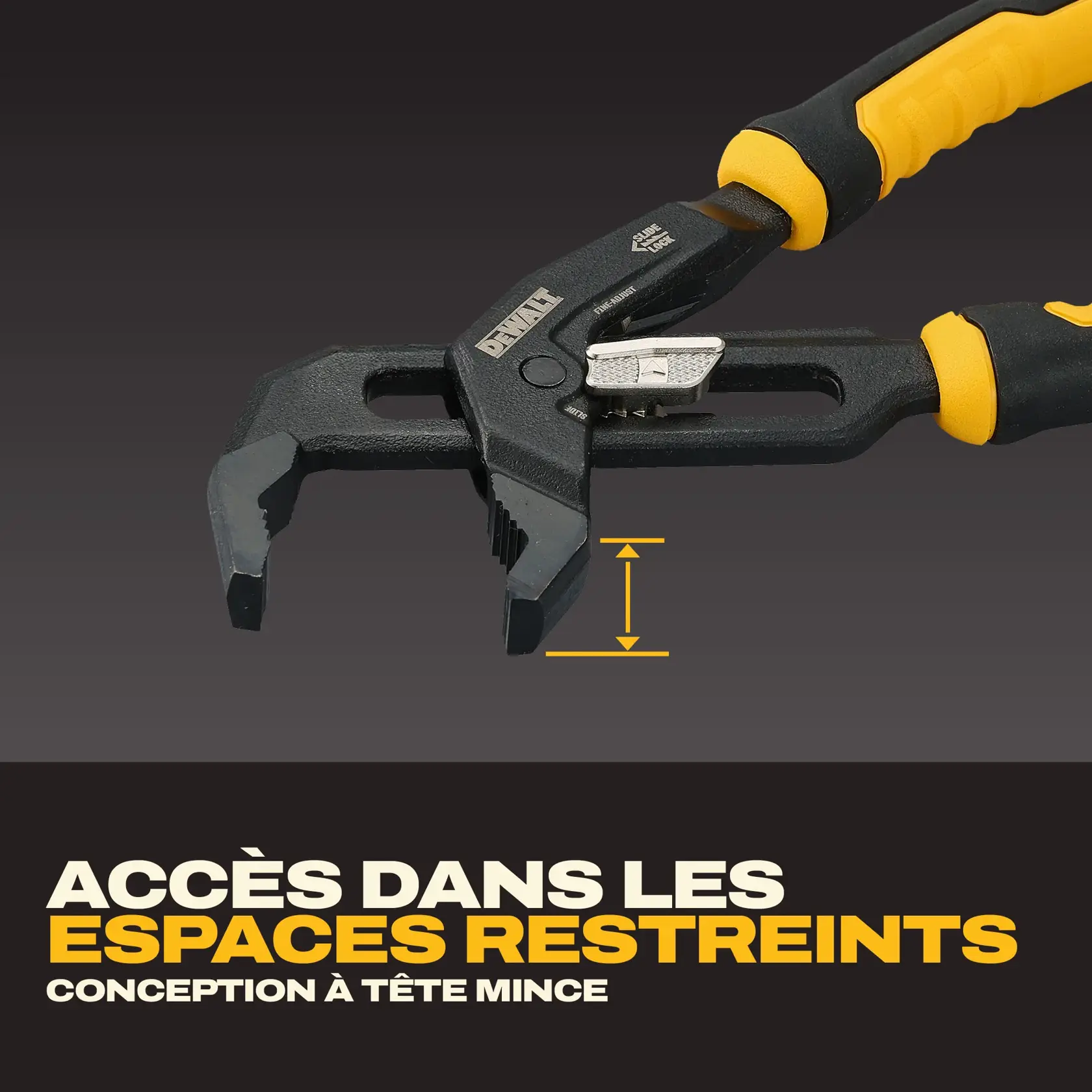 A DEWALT adjustable plier with a slim head design, suitable for access in tight areas. The plier is black with yellow accents, and the image includes text highlighting its feature: 'ACCESS IN TIGHT AREAS SLIM HEAD DESIGN.'