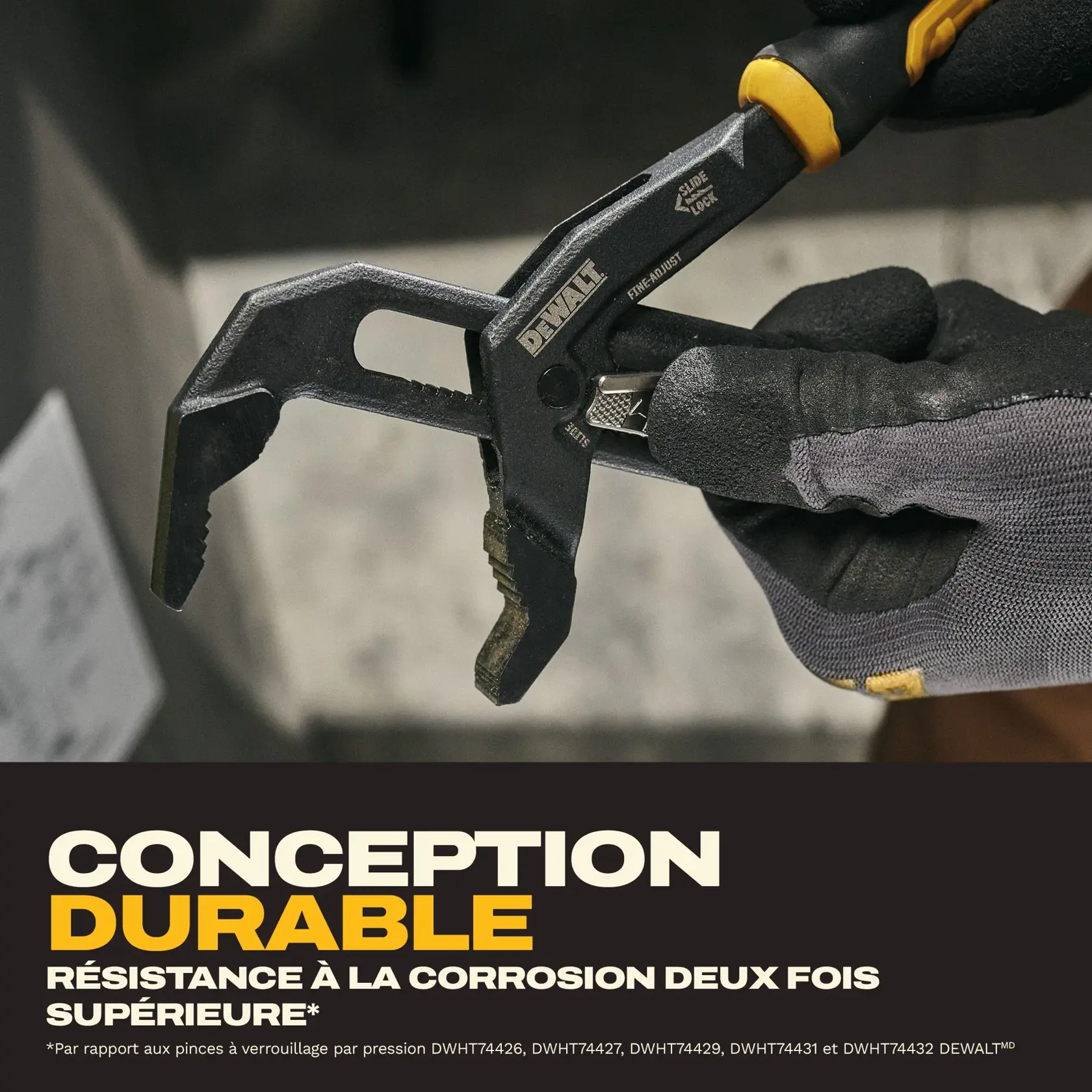 A person wearing work gloves holds a DEWALT push-lock pliers tool. The image highlights the tool’s durable design and improved corrosion resistance. There is text stating 'Durable Design, 2X Corrosion Resistance' and a comparison note at the bottom.