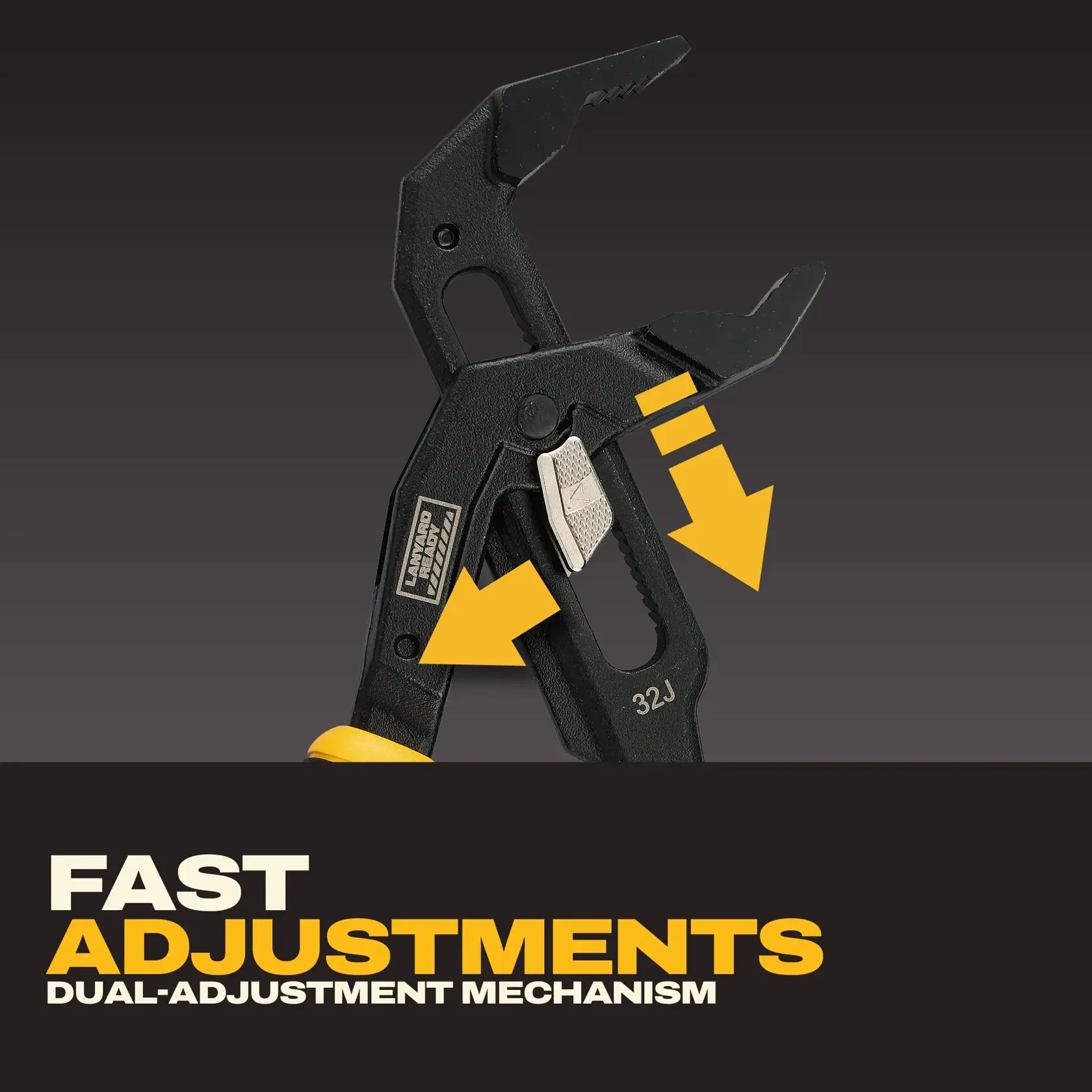 DEWALT graphic showing a close-up of adjustable pliers with yellow arrows highlighting the dual-adjustment mechanism. Text reads 'FAST ADJUSTMENTS DUAL-ADJUSTMENT MECHANISM.'