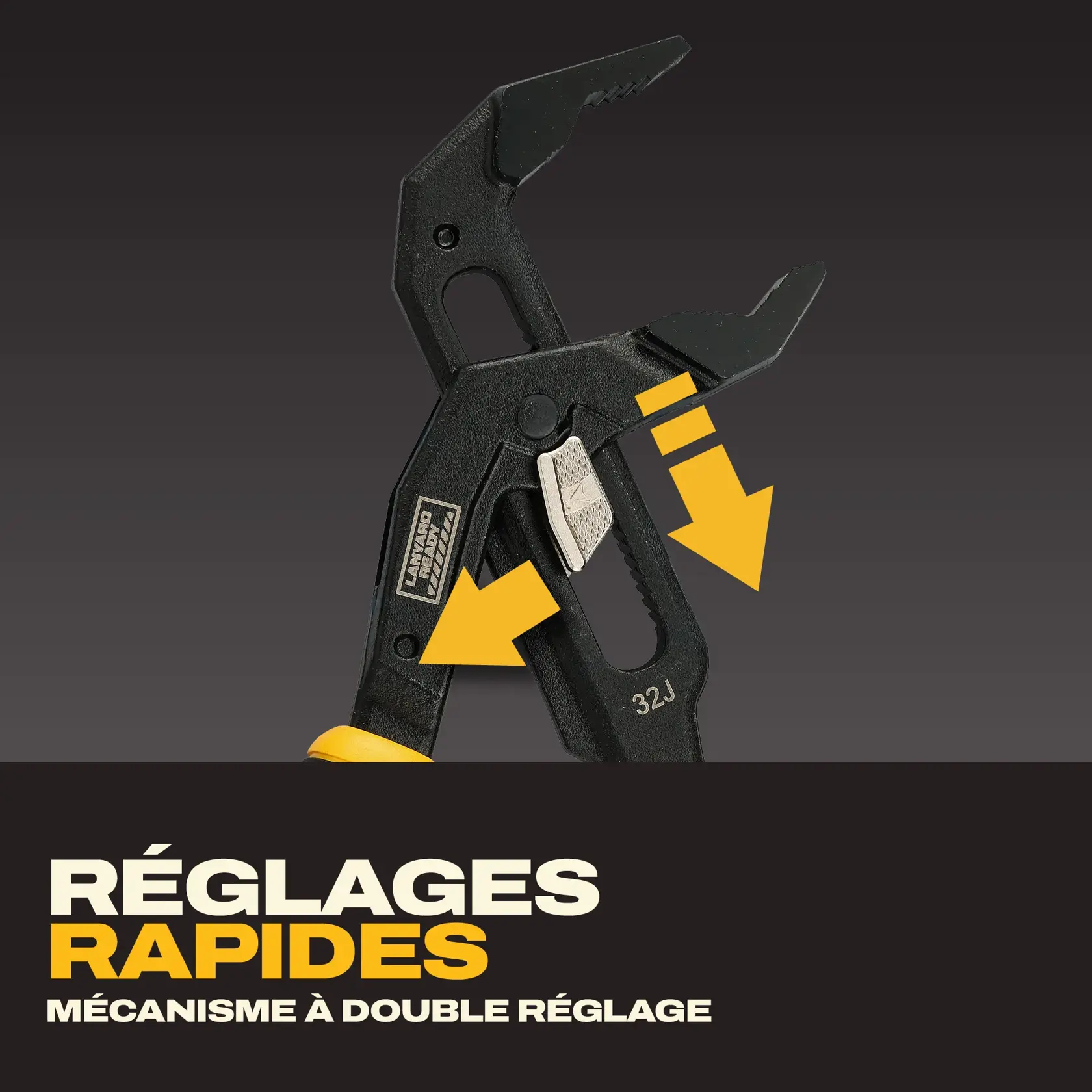 DEWALT graphic showing a close-up of adjustable pliers with yellow arrows highlighting the dual-adjustment mechanism. Text reads 'FAST ADJUSTMENTS DUAL-ADJUSTMENT MECHANISM.'