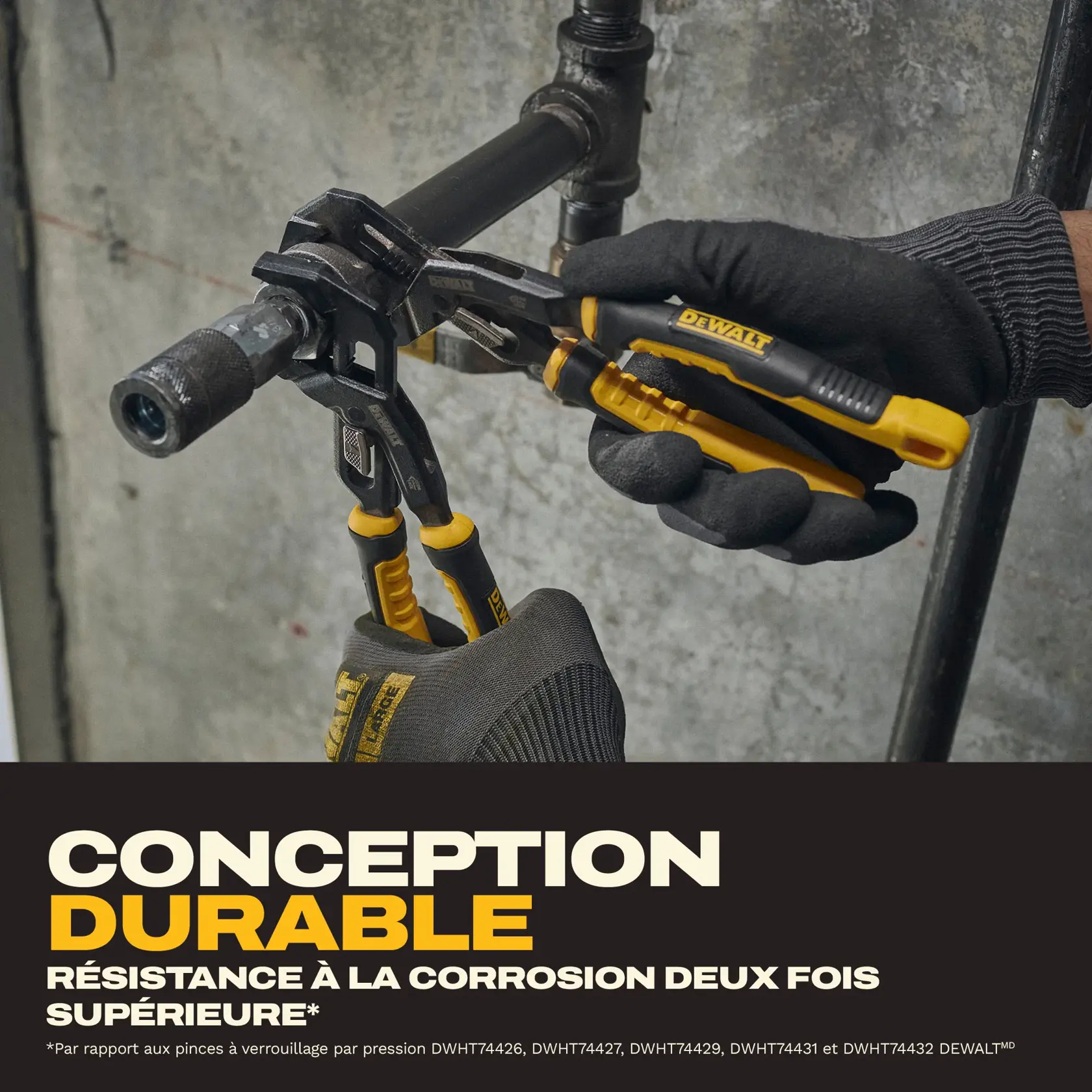 A person wearing black gloves uses DEWALT push-lock pliers (SKU: DWHT82821) to grip a metal pipe fitting, demonstrating the tool's durable design and increased corrosion resistance. The lower part of the image features the text 'Durable Design 2X Corrosion Resistance'.