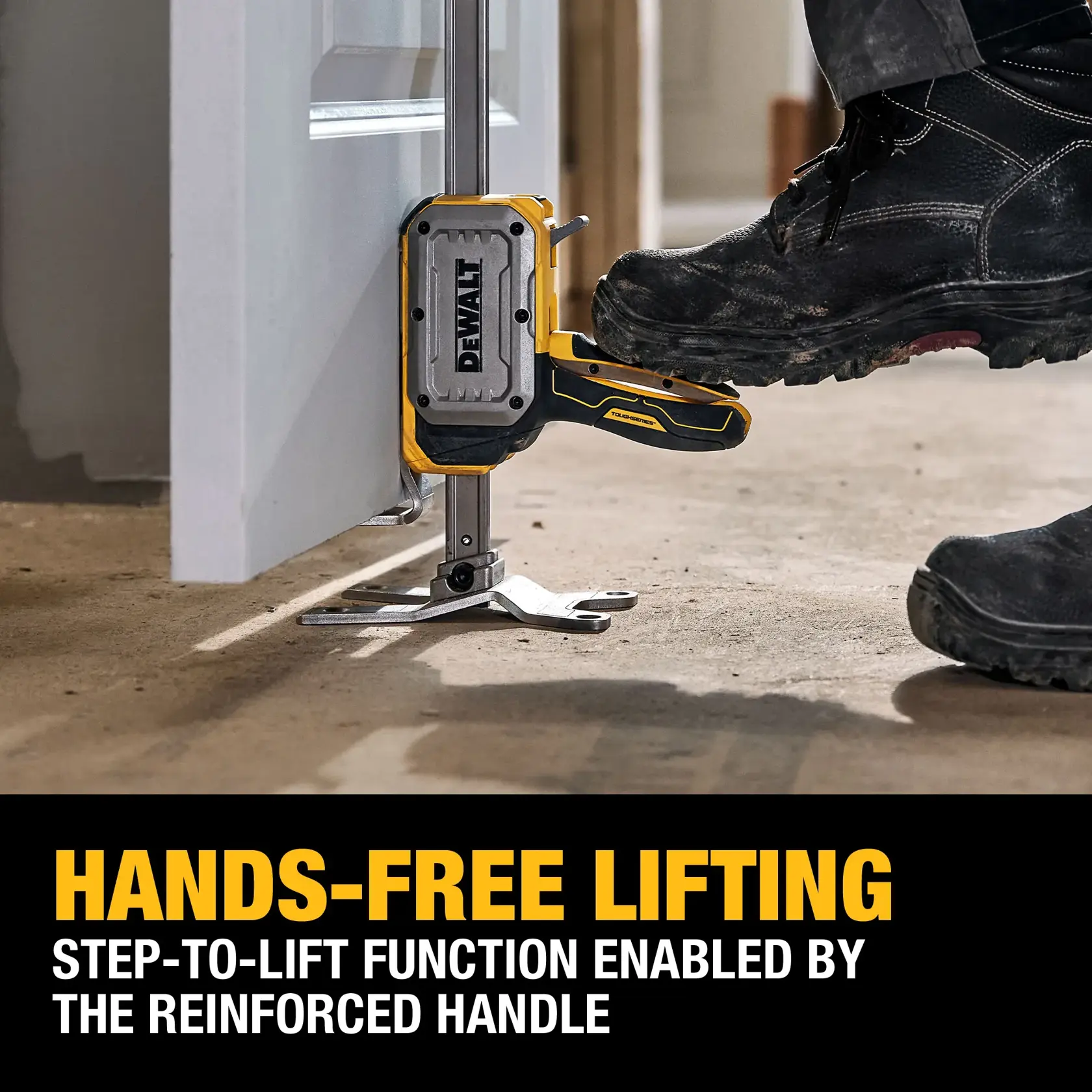 A DEWALT step-to-lift tool being used to lift a door hands-free using a reinforced handle, operated by a person’s foot. The tool is shown clamped to the base of the door, allowing for easy and hands-free lifting in a construction setting.