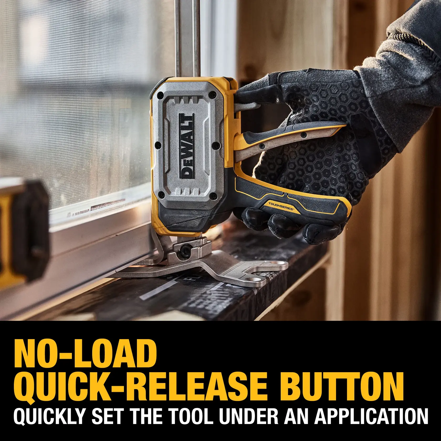 A gloved hand operates a DEWALT DWHT83550 tool with a quick-release button near a window frame. The tool is positioned for precise application, and the image contains text emphasizing the no-load quick-release feature.
