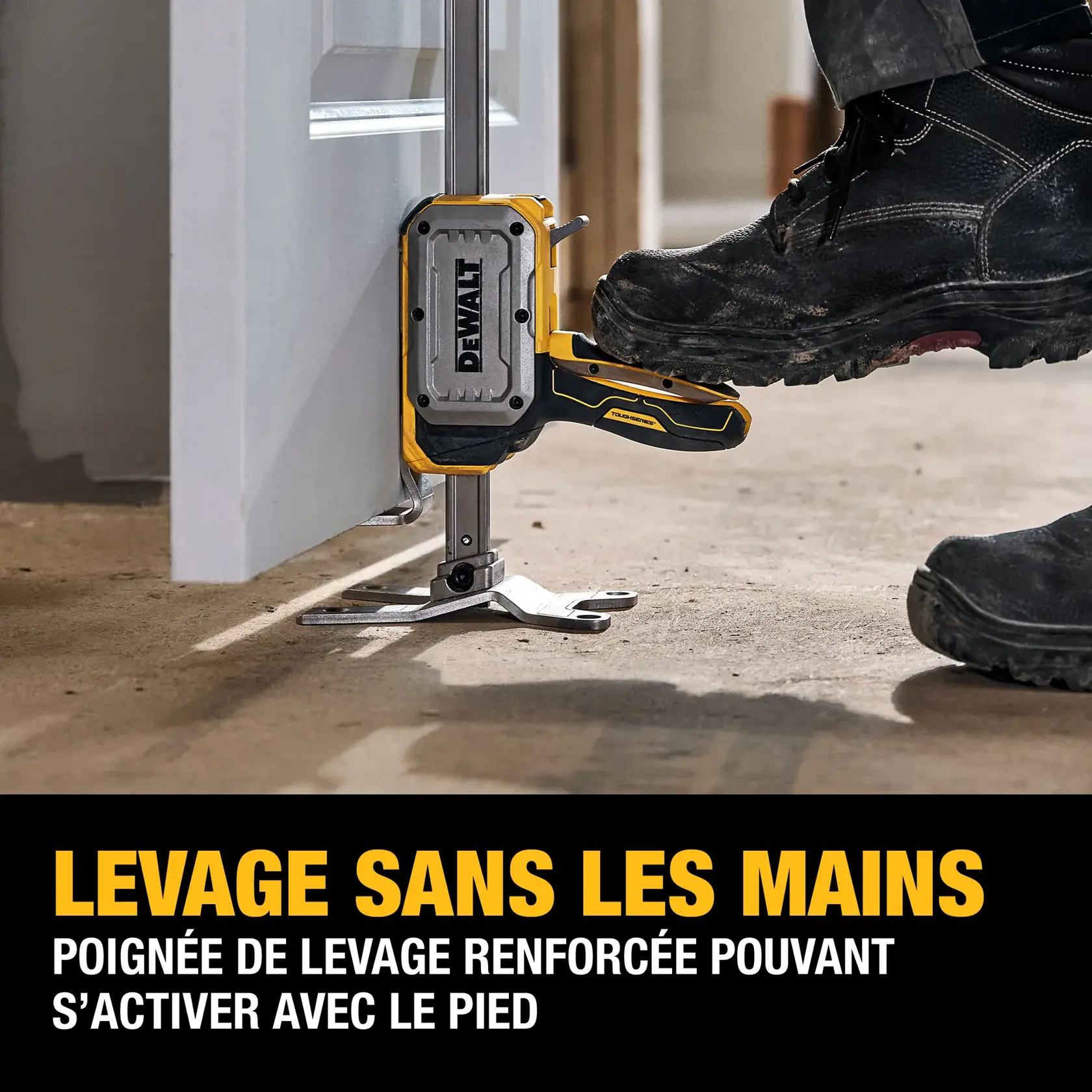 Image of the DEWALT ToughSeries Construction Jack featuring labeled components: no-load quick-release button, precision controlled lowering tab, hands-free lifting lever, flush mount anchor points, under-application access, and up to 340 lbs. lift capacity. Product is shown standing on a flat surface with several highlighted features.