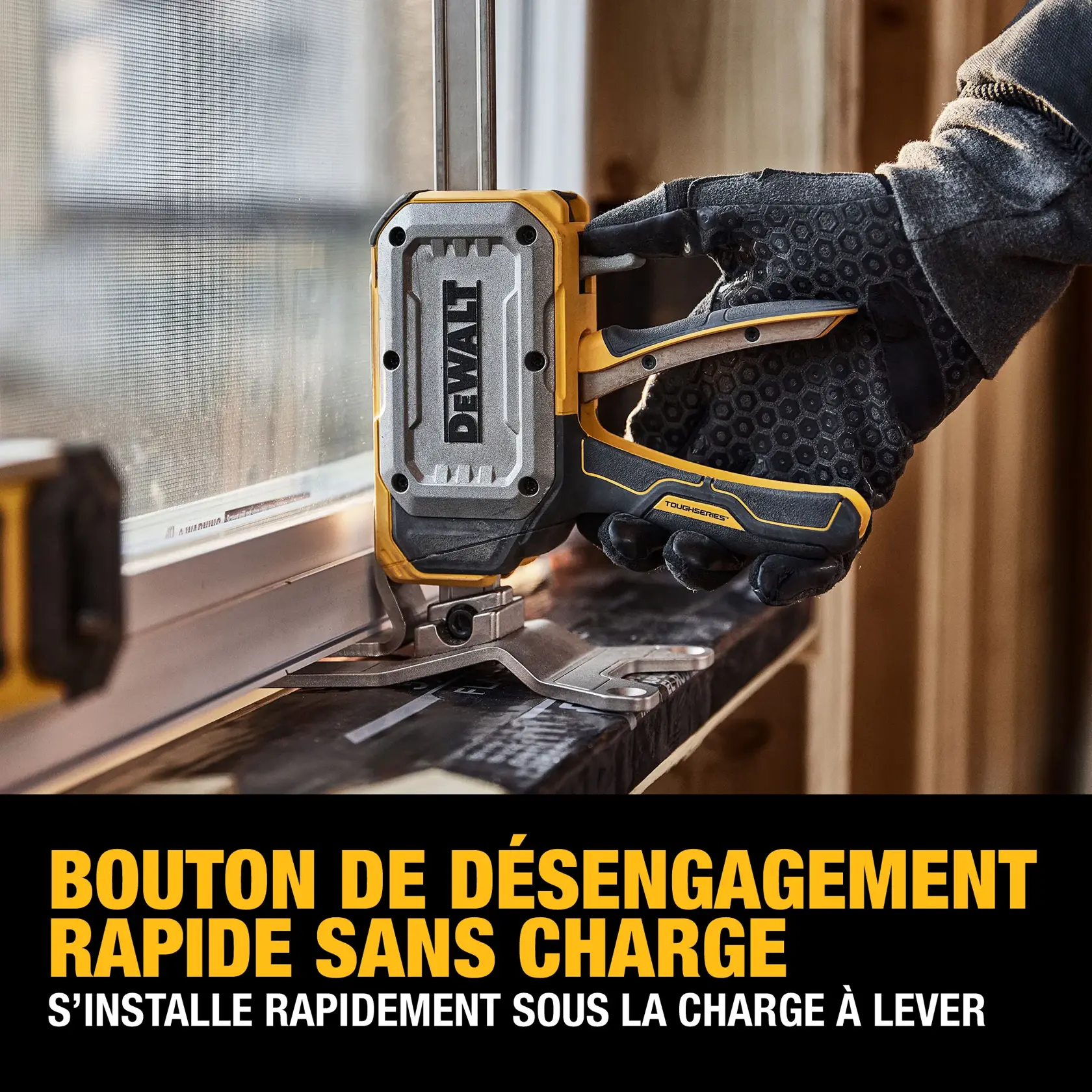 A gloved hand operates a DEWALT DWHT83550 tool with a quick-release button near a window frame. The tool is positioned for precise application, and the image contains text emphasizing the no-load quick-release feature.
