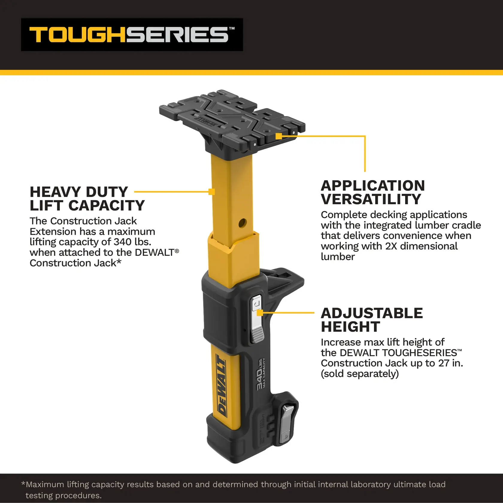 DEWALT ToughSeries jack extension with adjustable height, 340 lb lift capacity, and versatile application features.