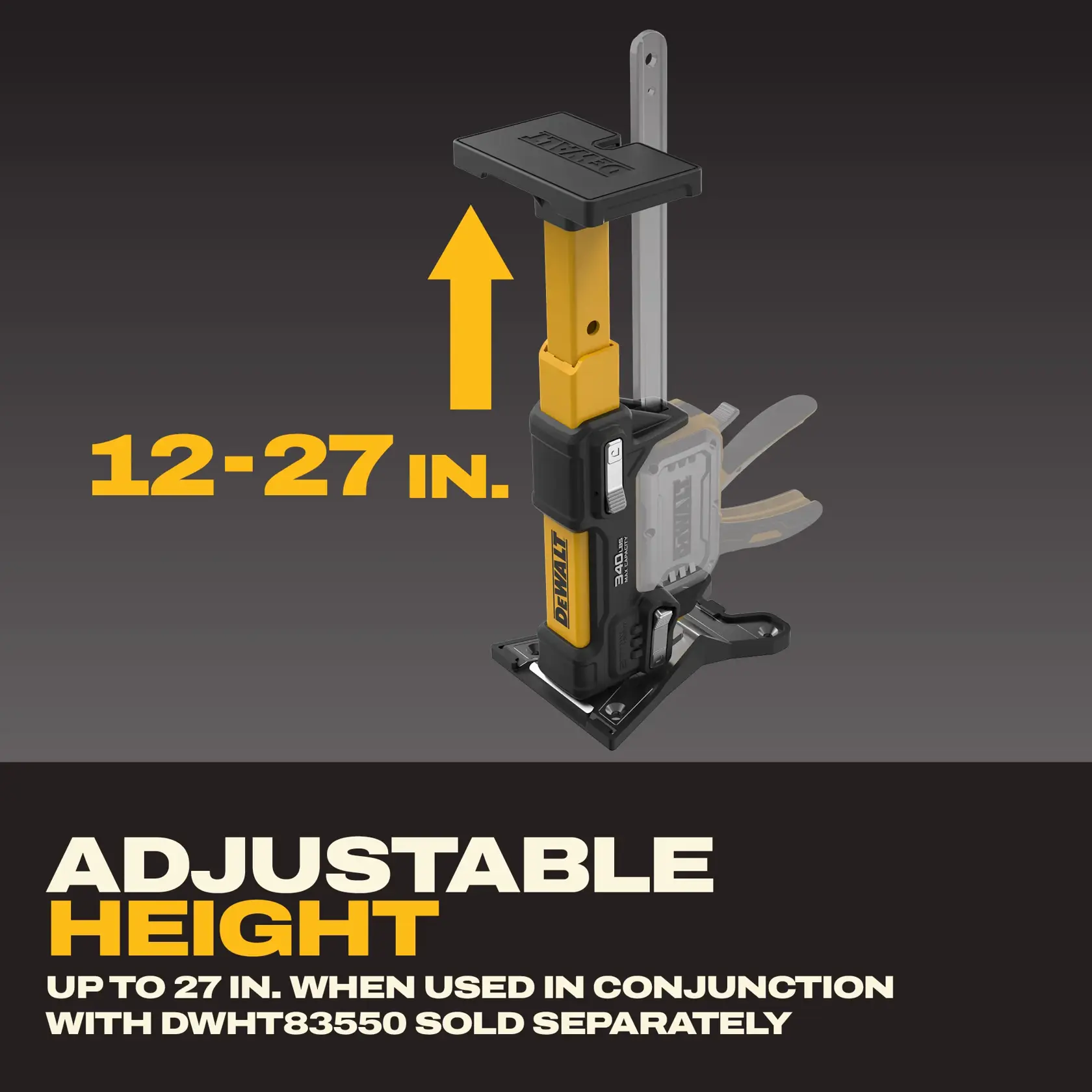DEWALT adjustable support tool with 12-27 inch height range, shown with graphic arrow and highlighted height info.