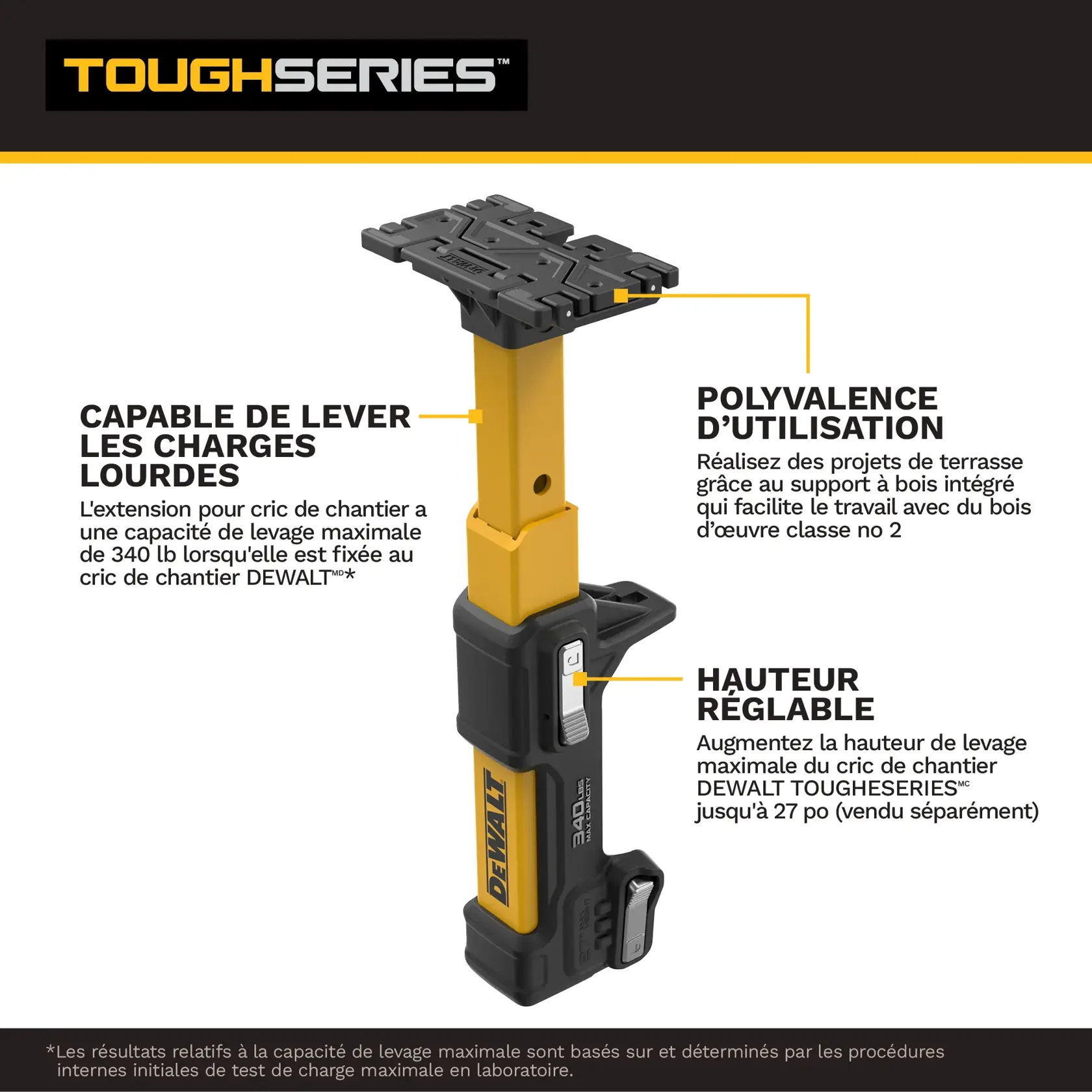 DEWALT ToughSeries jack extension with adjustable height, 340 lb lift capacity, and versatile application features.