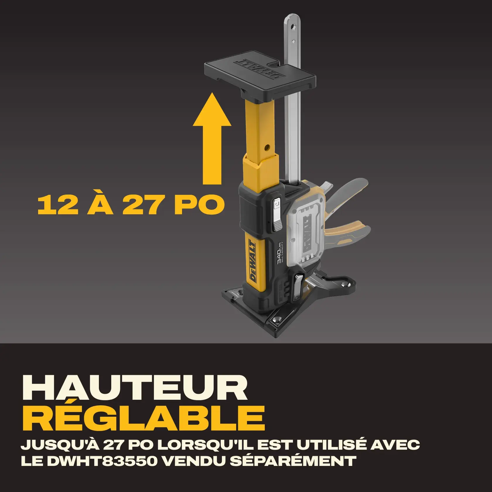 DEWALT adjustable support tool with 12-27 inch height range, shown with graphic arrow and highlighted height info.