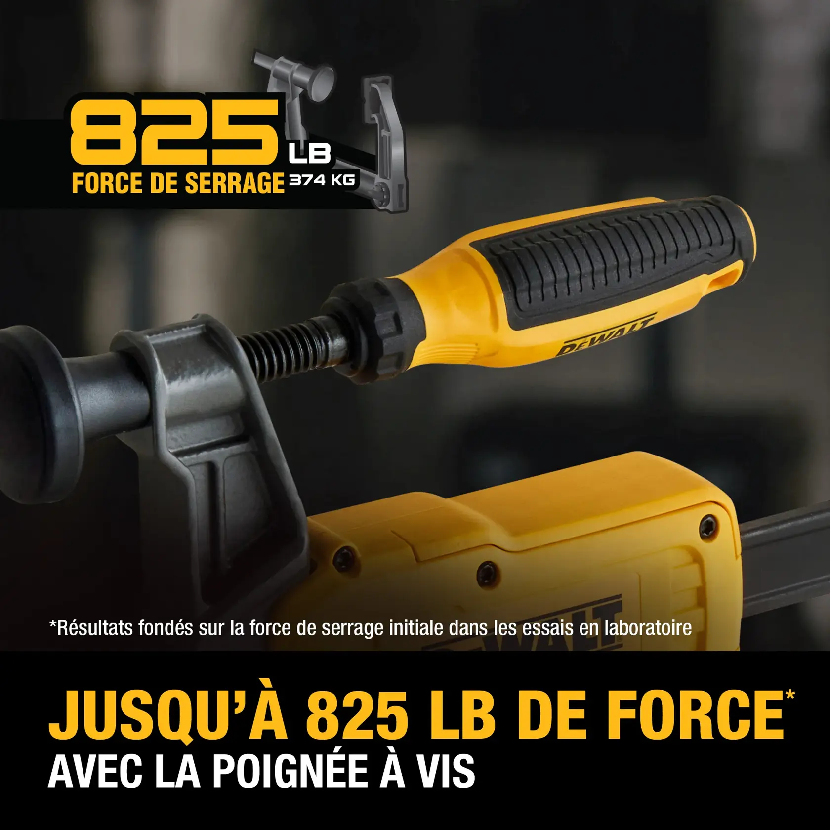 Close-up of a DEWALT clamp with a screw handle, showing product information about its clamping force of up to 825 pounds (374 kg). Text highlights laboratory-tested clamp force and screw handle design.