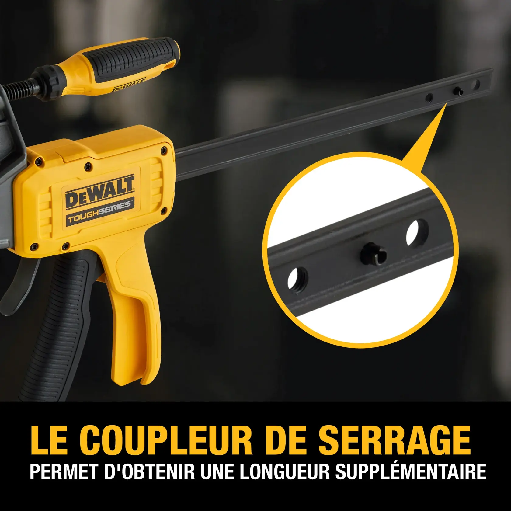 Image showing a DEWALT ToughSeries clamp with a close-up of the clamp coupler, highlighting its feature to provide additional length. Text on the image reads: 'Clamp Coupler to provide additional length.'