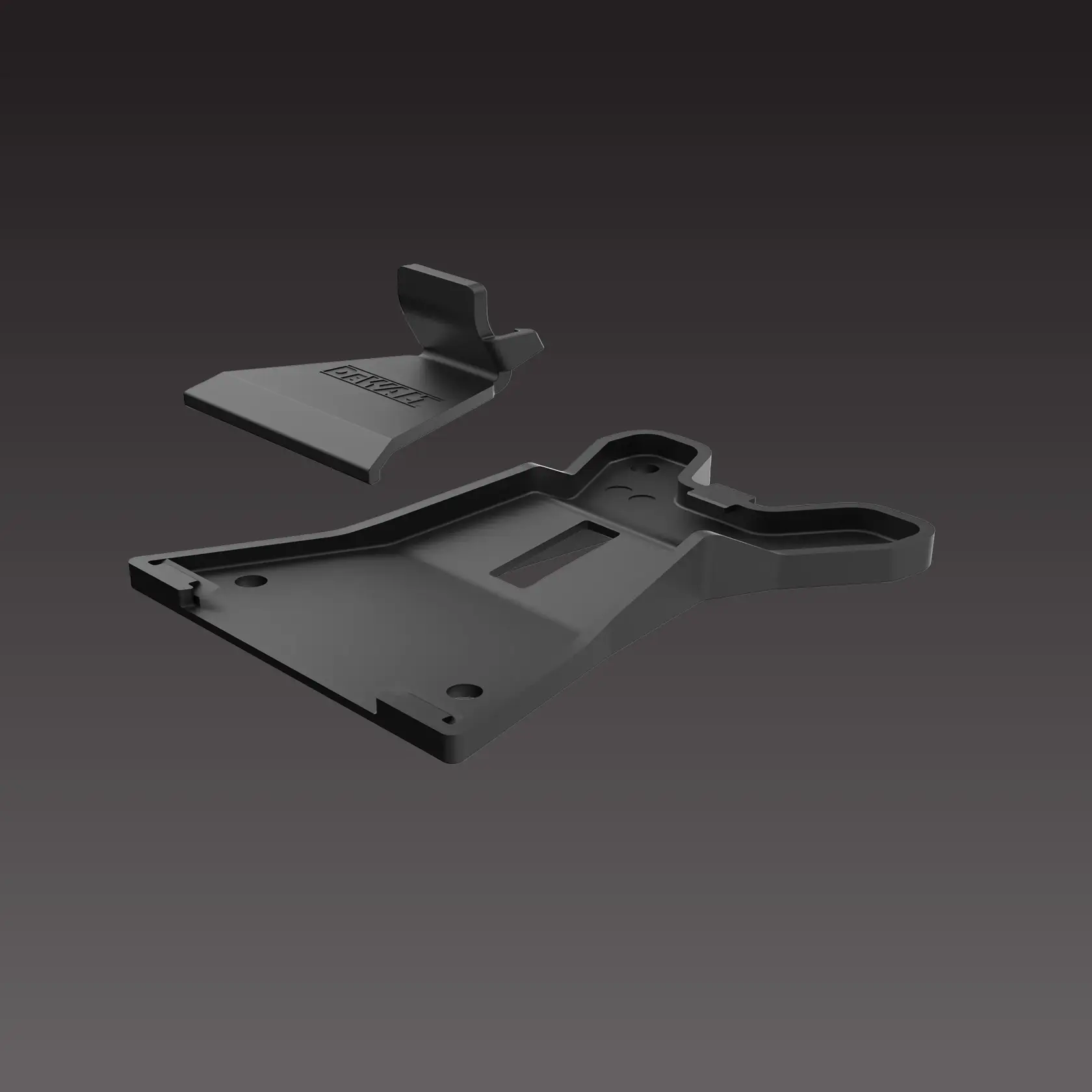 Two black DEWALT plastic parts shown on a gray gradient background, displayed in a separated layout.