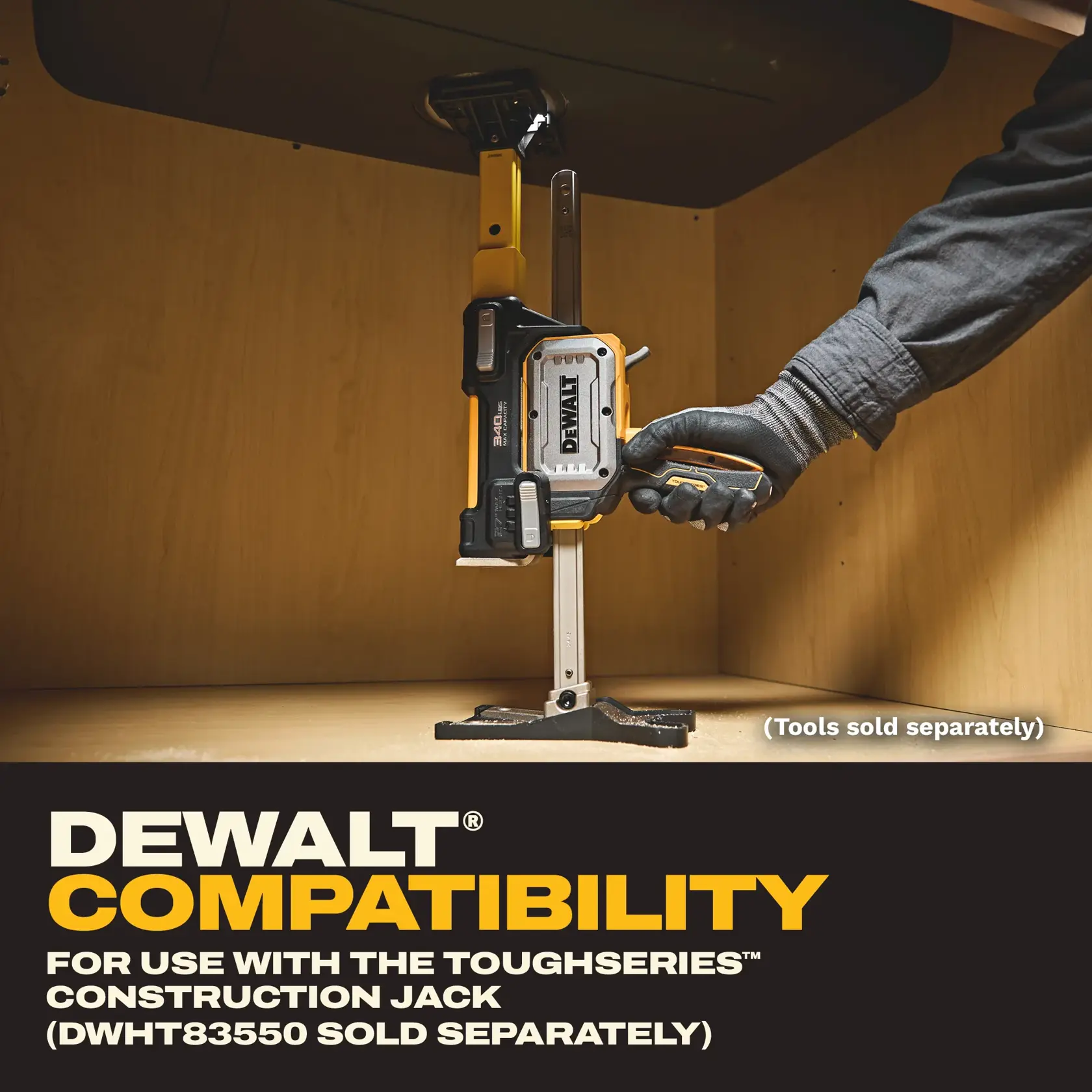 DEWALT construction jack being used under a cabinet. Compatibility info shown. Tools sold separately.