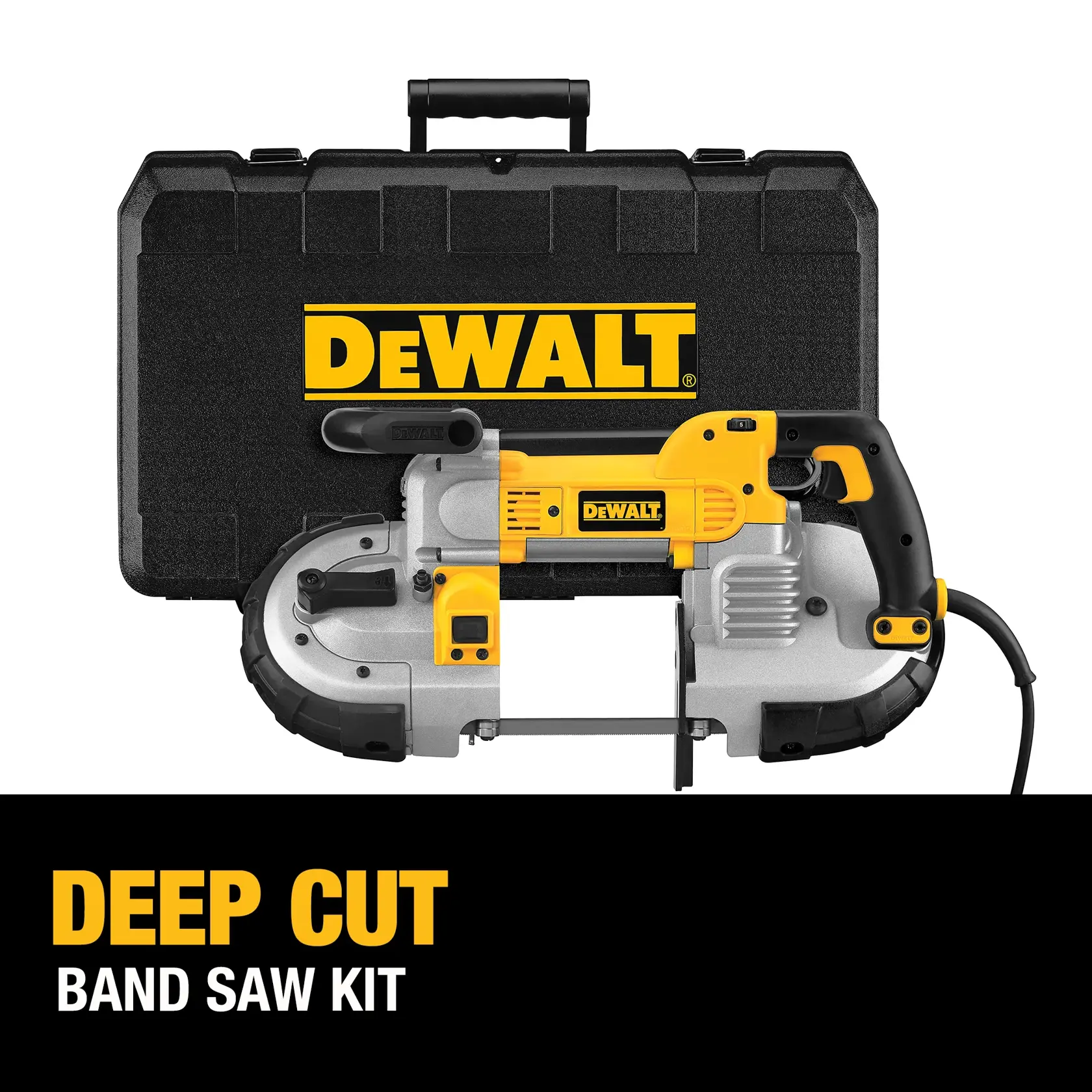A DEWALT deep cut band saw kit is displayed, featuring a yellow and black portable band saw in front of a hard carrying case with the DEWALT logo.