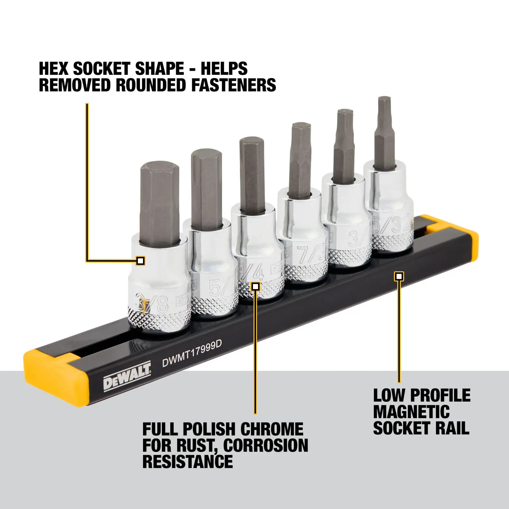 A set of hex socket bits from DEWALT displayed on a low profile magnetic socket rail. The sockets have a full polish chrome finish for rust and corrosion resistance. Text highlights features such as the hex socket shape for removing rounded fasteners, full polish chrome for durability, and the magnetic rail for easy storage.