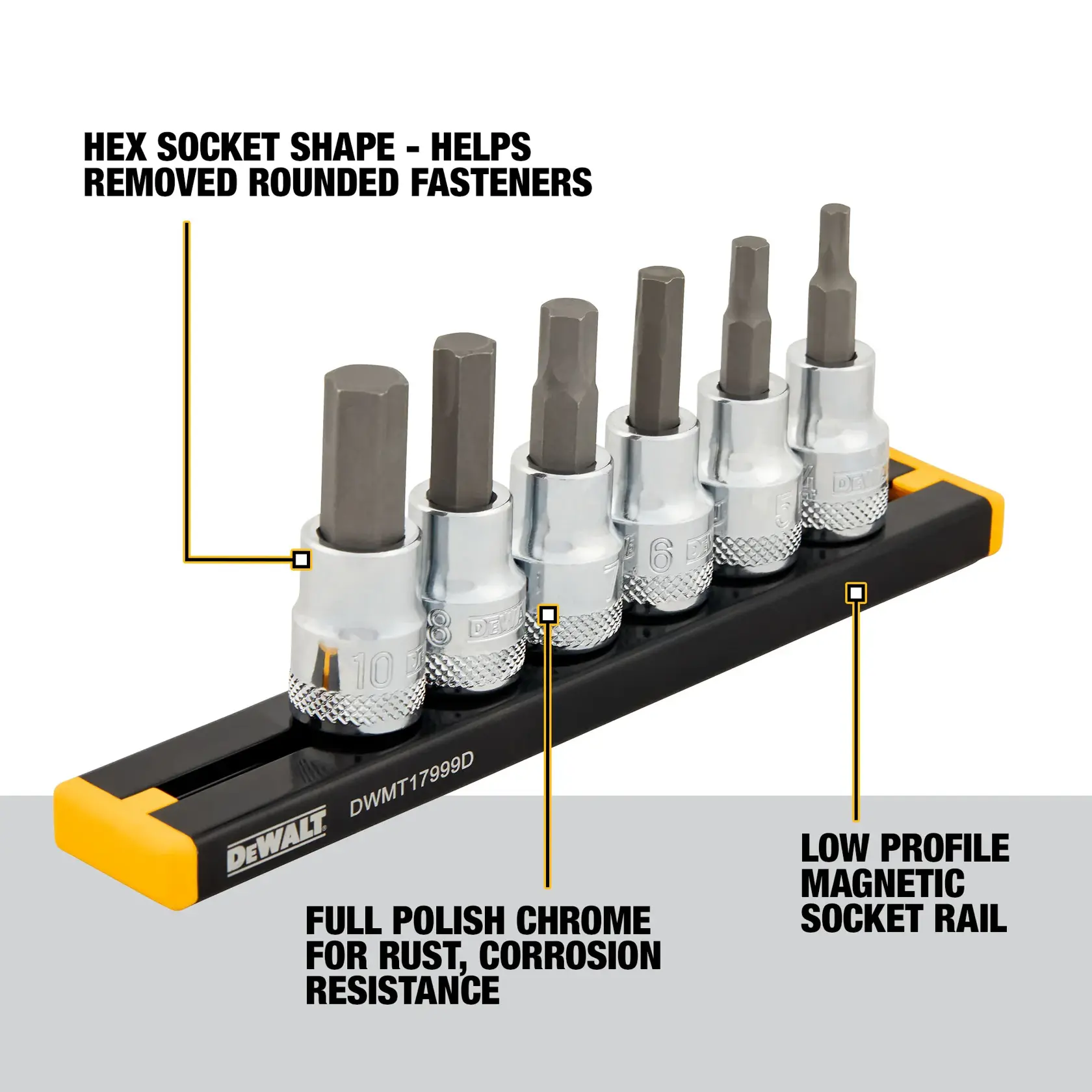 A DEWALT hex bit socket set displayed on a low profile magnetic rail, featuring six sockets with hex heads. Product highlights include the hex socket shape for removing rounded fasteners, full polish chrome for rust and corrosion resistance, and the magnetic socket rail for secure storage.