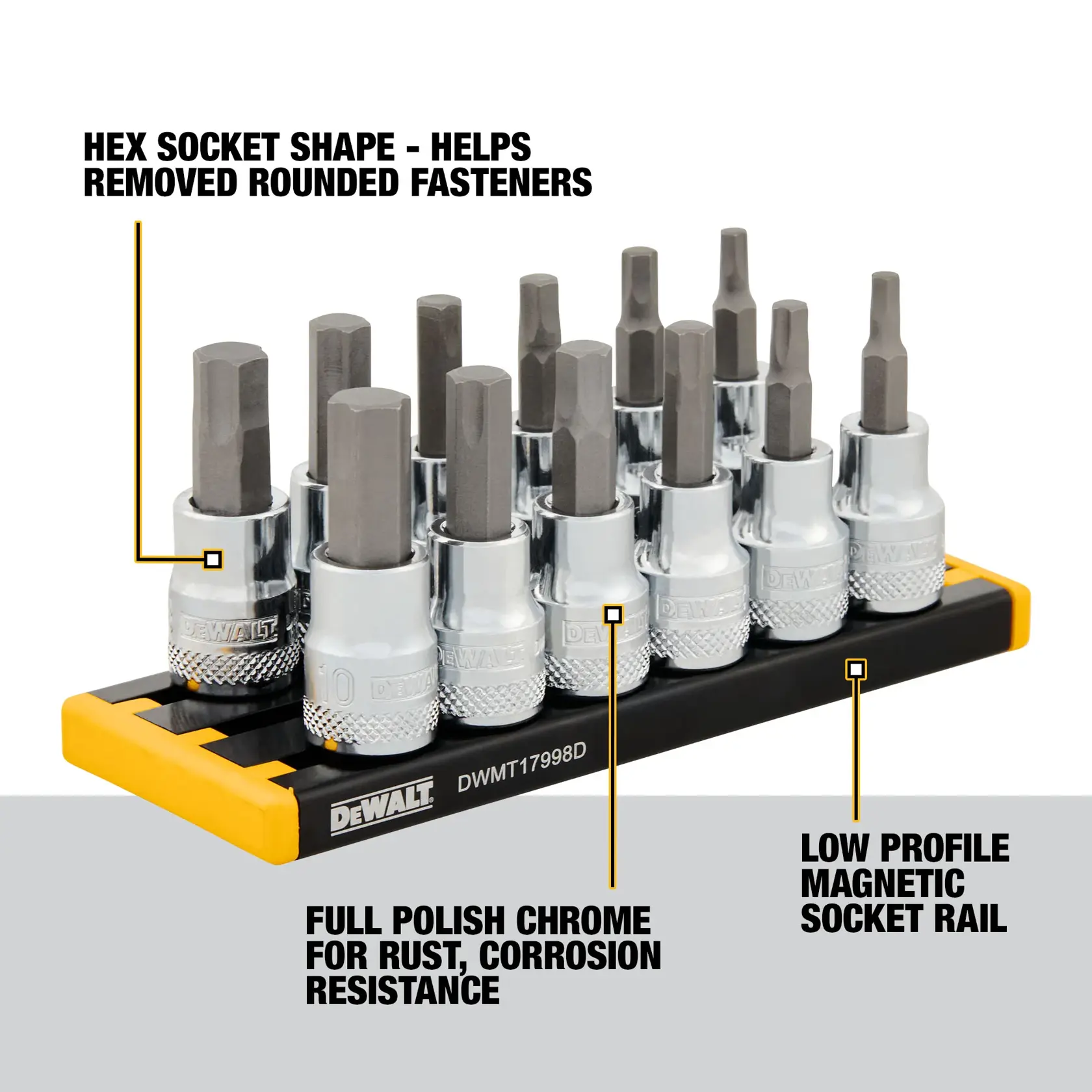 DEWALT hex socket bit set displayed on a low profile magnetic socket rail. The image highlights features such as hex socket shape for removing rounded fasteners, full polish chrome for rust and corrosion resistance, and the low profile magnetic rail for easy storage.